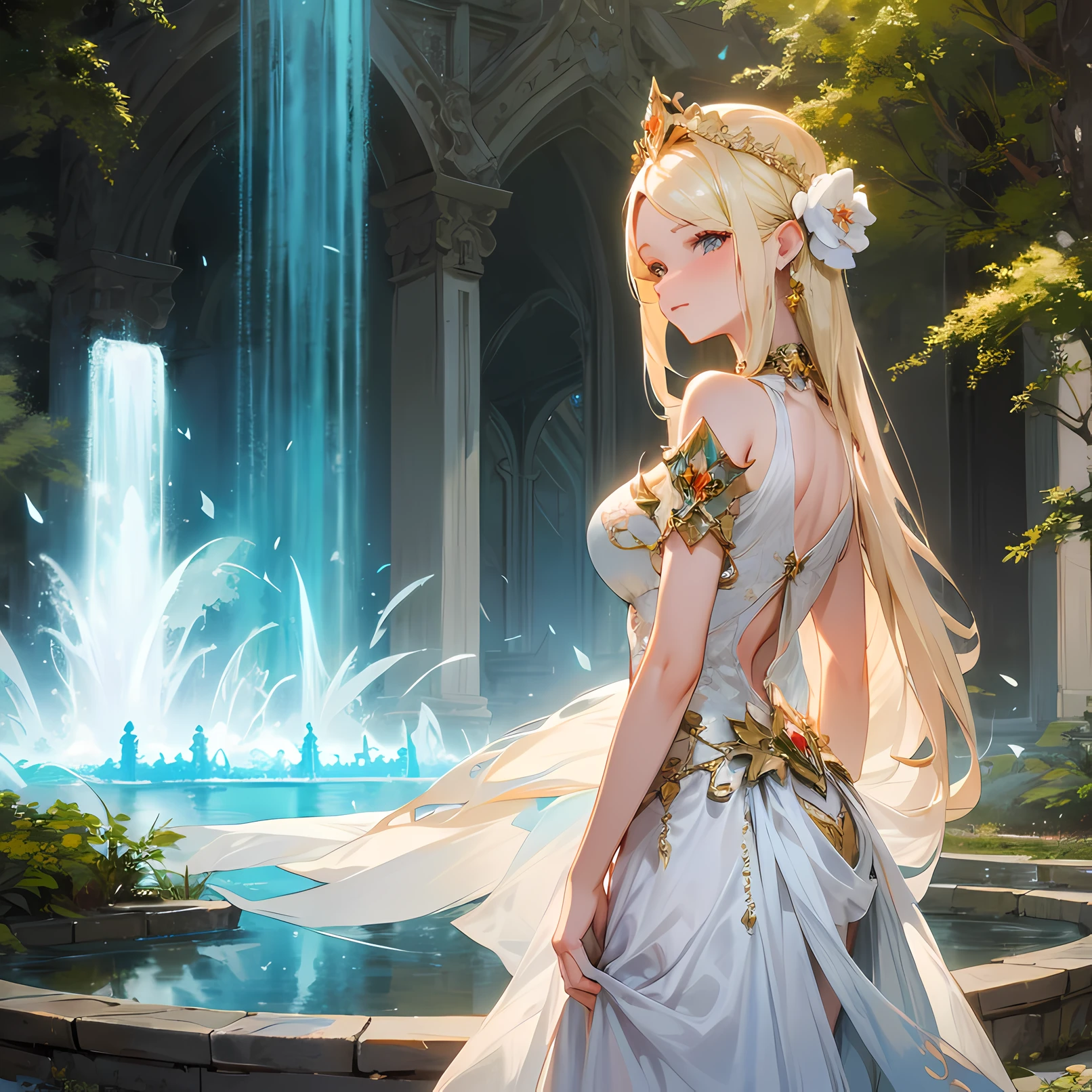 Blonde woman in white dress poses in front of fountain, china doll face,a beautiful fantasy empress, karol bak uhd, ((a beautiful fantasy empress)), beautiful fantasy maiden, Fantasy Woman, Ethereal beauty, Beautiful goddess, beautiful fantasy art, Fantasy art style, Beautiful teenage girl, fantasy beautiful, intricate wlop, digital fantasy art ), The ultimate trend in CGSTATION ,The light is gentle,Hair is clear and flowy
