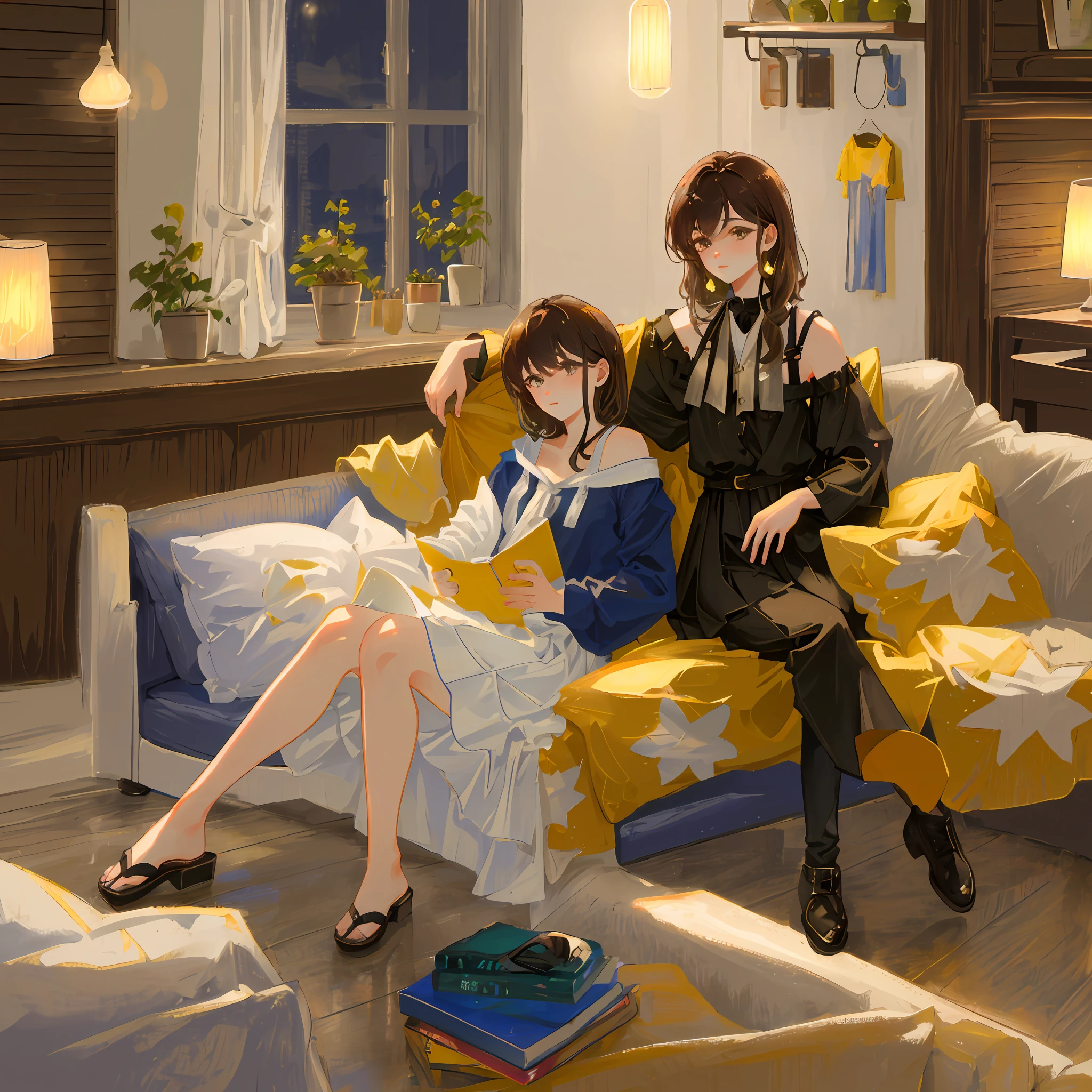 ((Night view, realistic light, best quality, 8k, masterpiece: 1.3)), 1girl, pretty woman with slim figure: 1.4, (brown hair, medium breasts: 1.3), off-the-shoulder cut top: 1.3, sofa, super detailed face, detailed eyes, double eyelids