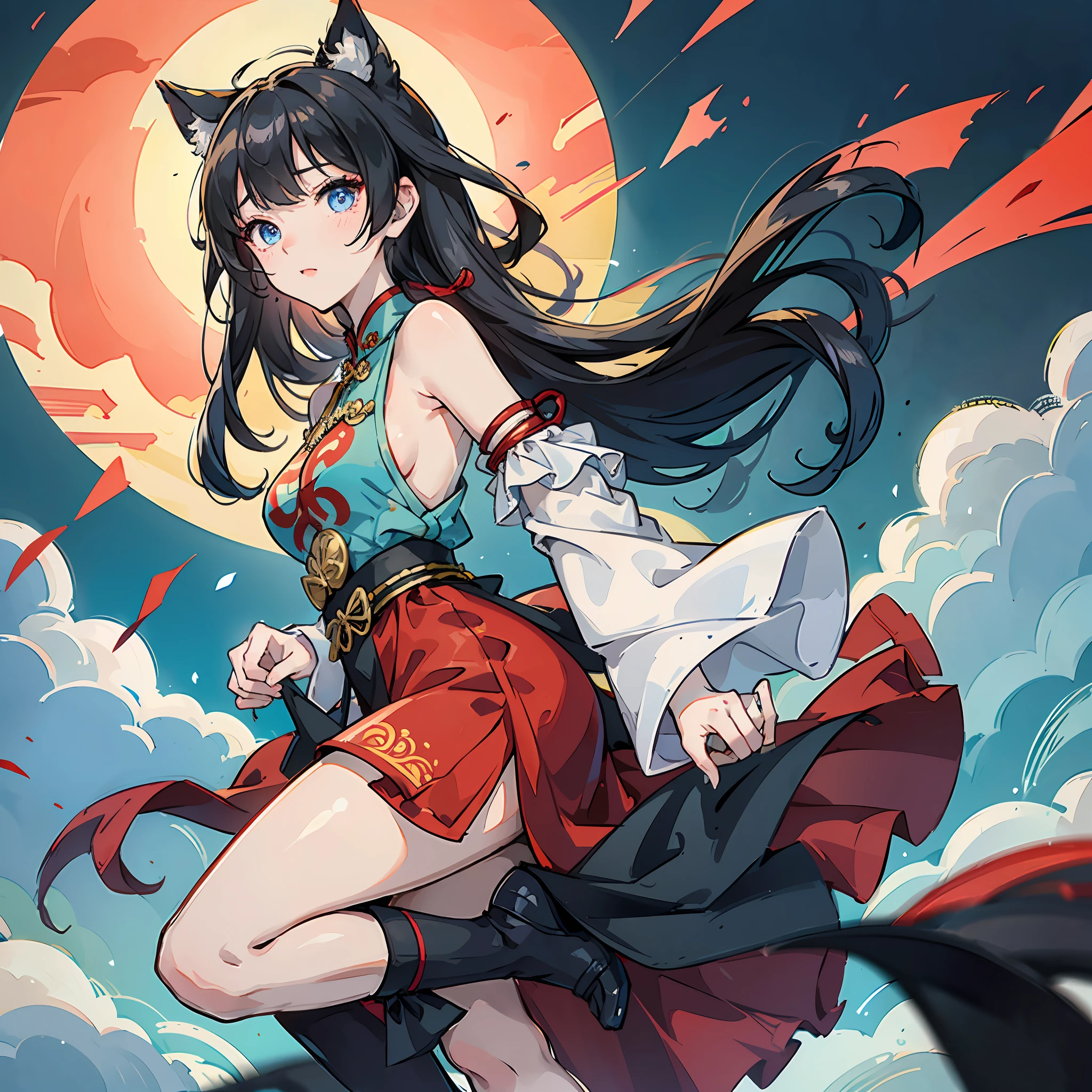 1girl,black hair,blue eyes,Bangs flutter in the wind,Wearing a cheongsam,Fair skin,adolable,Lonely wind,The complexion is reddish,Pure skin,The upper part of the body,With Jiangnan water town elements,tiny mouth,medium boob,The look is pitiful,hair ornament, cat ears, happy tears, shy, depth of field, UHD, textured skin, masterpiece --auto
