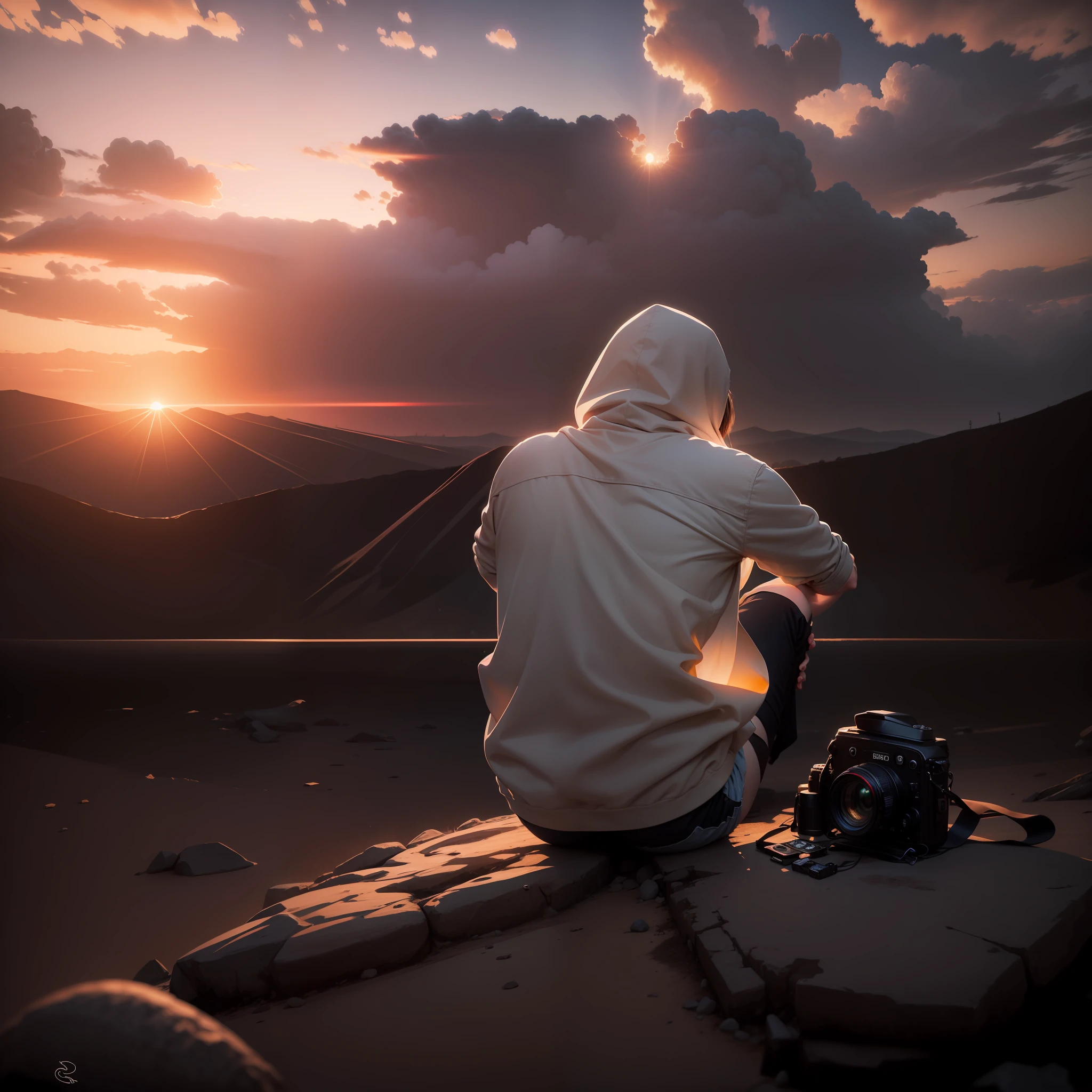 (8K,RAW photos,best qualtiy,A high resolution:1.1),(hyper realisitc:1.4),(realisticlying,realisticlying:1.3),the soft light,Comic style,There must be a Tyndall effect,The sky has sunset,Camera in hand,Carry the camera tripod on your back