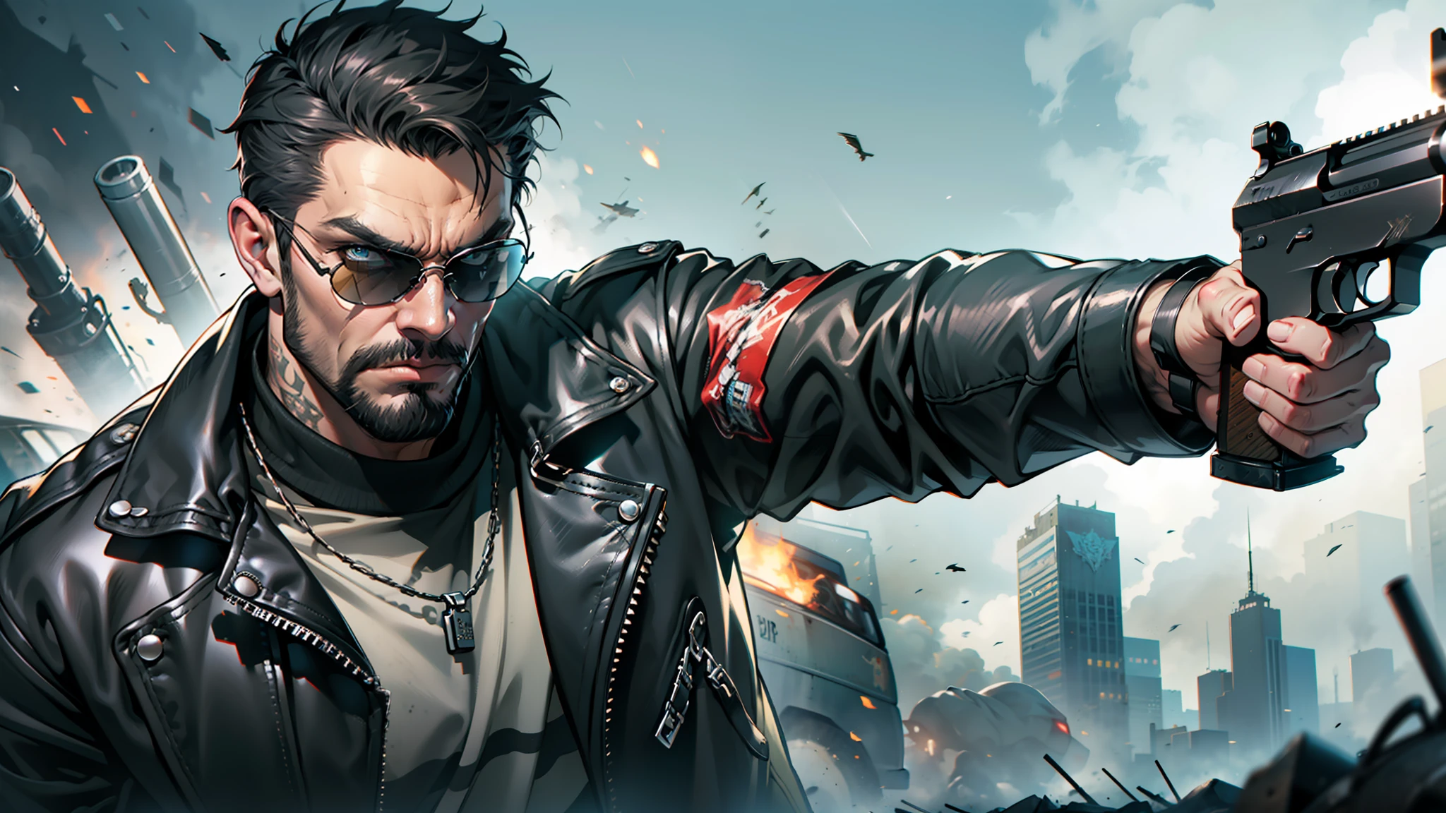 A man in a black leather jacket and sunglasses, fiercely wielding a firearm, evoking the gritty aesthetic of the Mad Max universe.