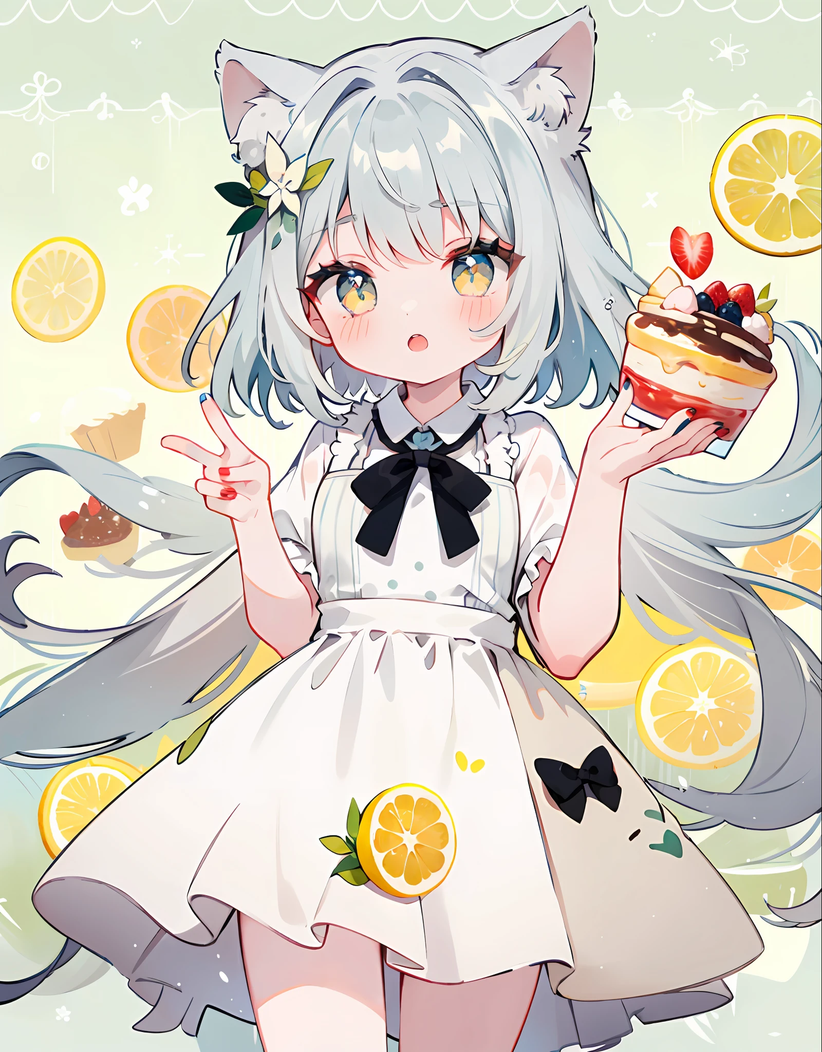 Azhiichigo style,Big eyes, Thick lines, Cute, 1girll, patisserie, limegreen, Yellow eyes, Animal ears, Open mouth, long green nails, Jumps, beautiful citrus, pattern background, detailed bakery setting, cute soft colors, Gray, Silver eyes, Silver hair,