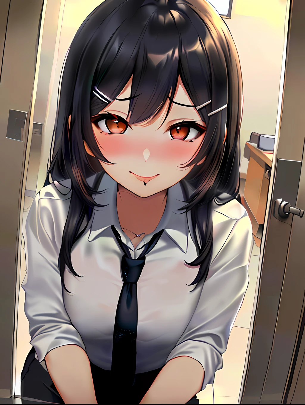 masterpiece, best quality, ultra-detailed, illustration, epic lighting, cinematic composition, isometric, 1girl, (solo:1.5), cute, brown eyes, black hair, swept bangs, single sidelock, red hairclip, white collared shirt, black necktie, black pants, formal, enchanting gaze, captivating pose, indoors, office, door, opening door, looking at viewer, peeking out upper body, blush, seductive smile, closed mouth,(8k:1.1), (ahegao:1.5)