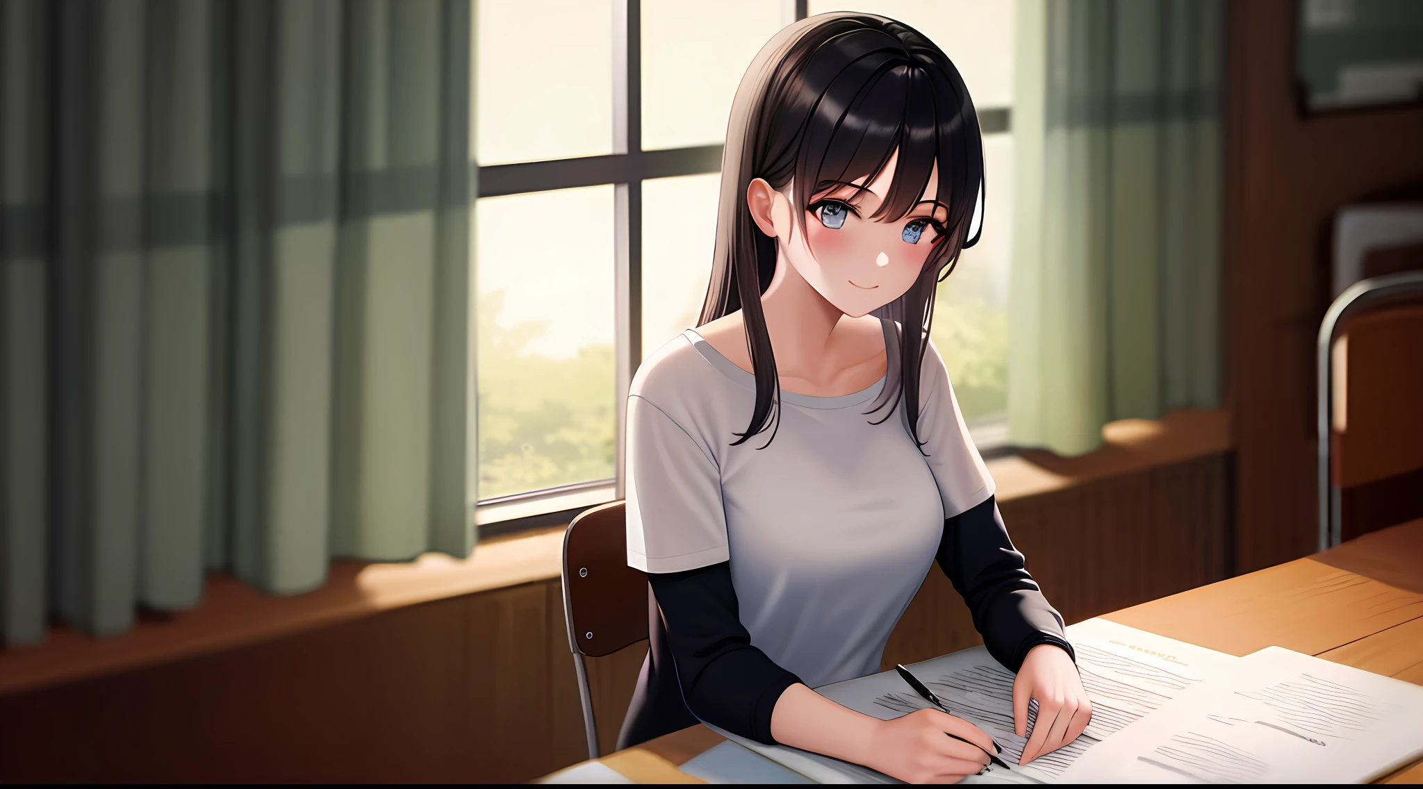 ​masterpiece, top-quality, hight resolution, a 1 girl, Loose white t-shirt、 Girl sitting on chair studying drafting at desk,、Beautie、Appeal、Frolic happily、30 year-old woman、Have good eyes