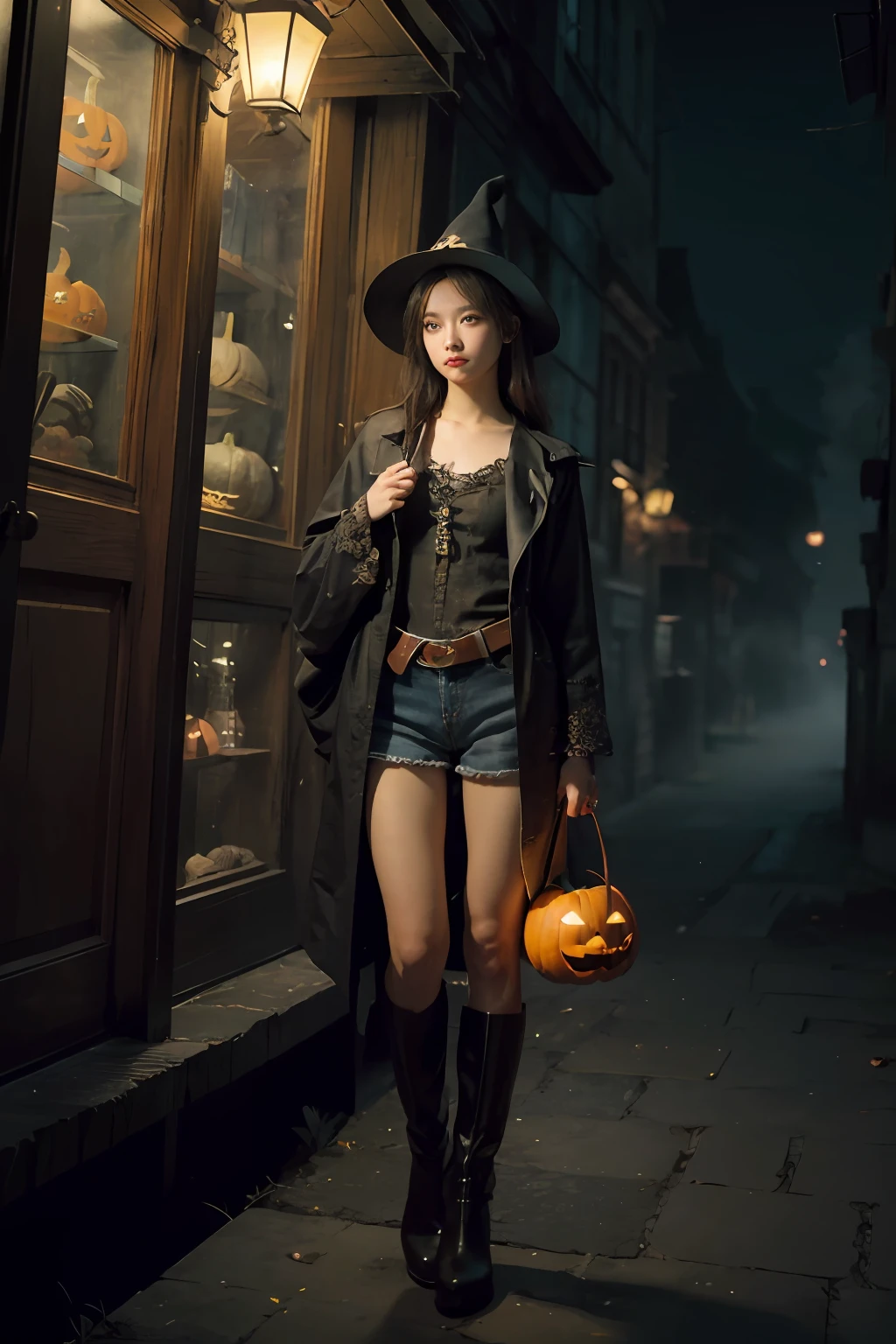 Ultra detailed, (Masterpiece:1.7), ((1girll)), Super detailed face, Detailed eyes, 二重まぶた, Slim Faces, shiny skins, nice leg line, (((Stand upright))), Wizard robes, Wizard's Hat, denim short, ((Halloween lantern in hand)), ((ssmile)), (32K:1.2), (upscaled:1.2), ((Best quality)), (Intricate details), (High contrast), All-encompassing intricacies, (Halloween late night), Mysterious and dark old street, octane, Moebius, gorgeous posture, art stations, concept-art, Ambient, 8K resolution, Unreal Engine 5, rendering by octane, , (Detailed shadows), (Detailed lighting), , (dark shot:0.8), (Intricate details:1.0), (Intricate details, ultra - detailed:1.15), hdr, (At night:1.2), Atmospheric, Heavy fog, Dramaticlight, Cinematic, Sweet, Fantastic Big Eyes, Detailed face, dark western, Boots, analogue style, ShindoL