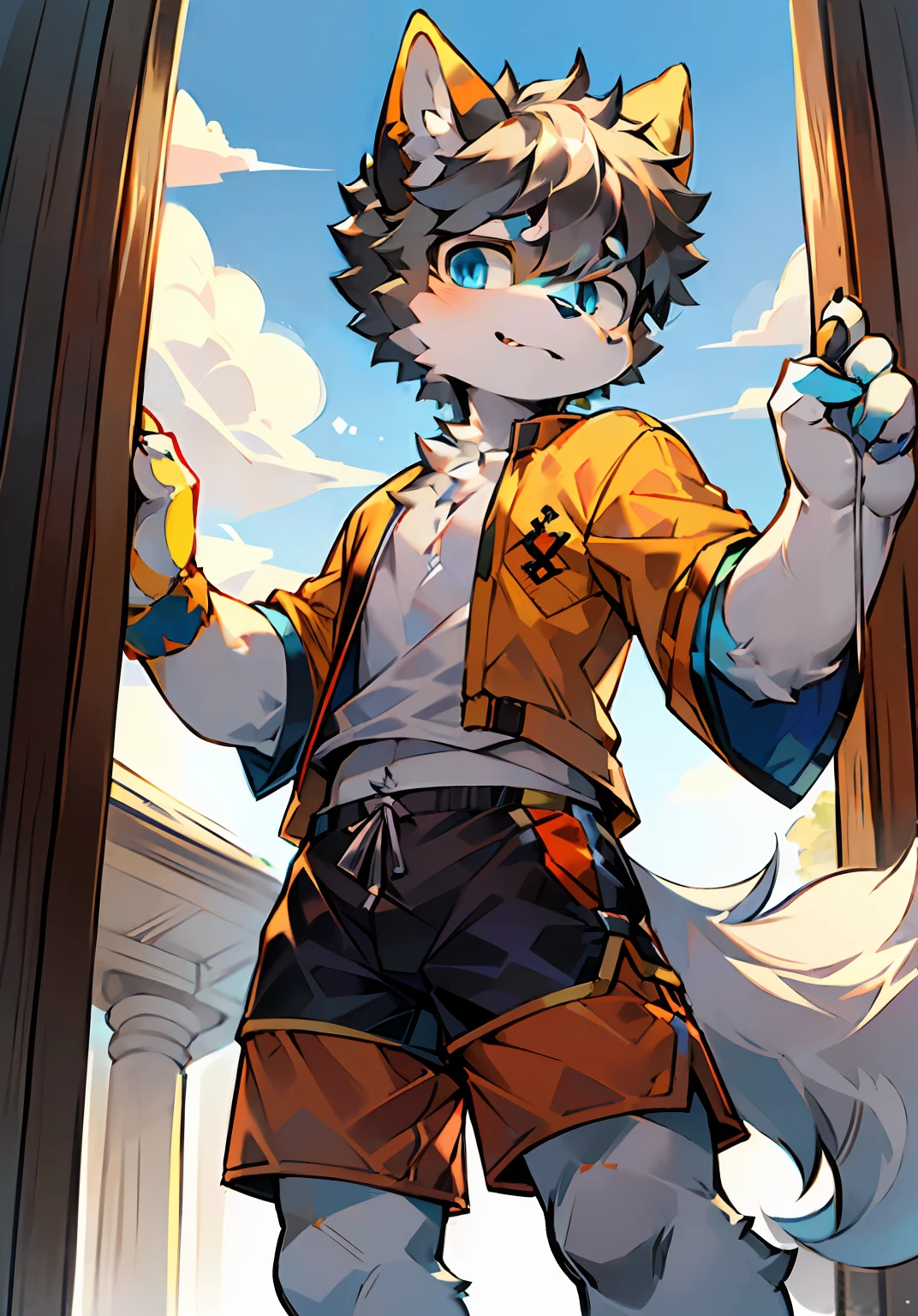 eyes with brightness, in a panoramic view, Character Focus Solo, shaggy, Furry male cat, Yellow-white fur for men, blue color eyes, Gray hair(The long),Wear orange shorts and shorts,CasualClothing,Young style,height of one meter seven,handsome, There is a tail,