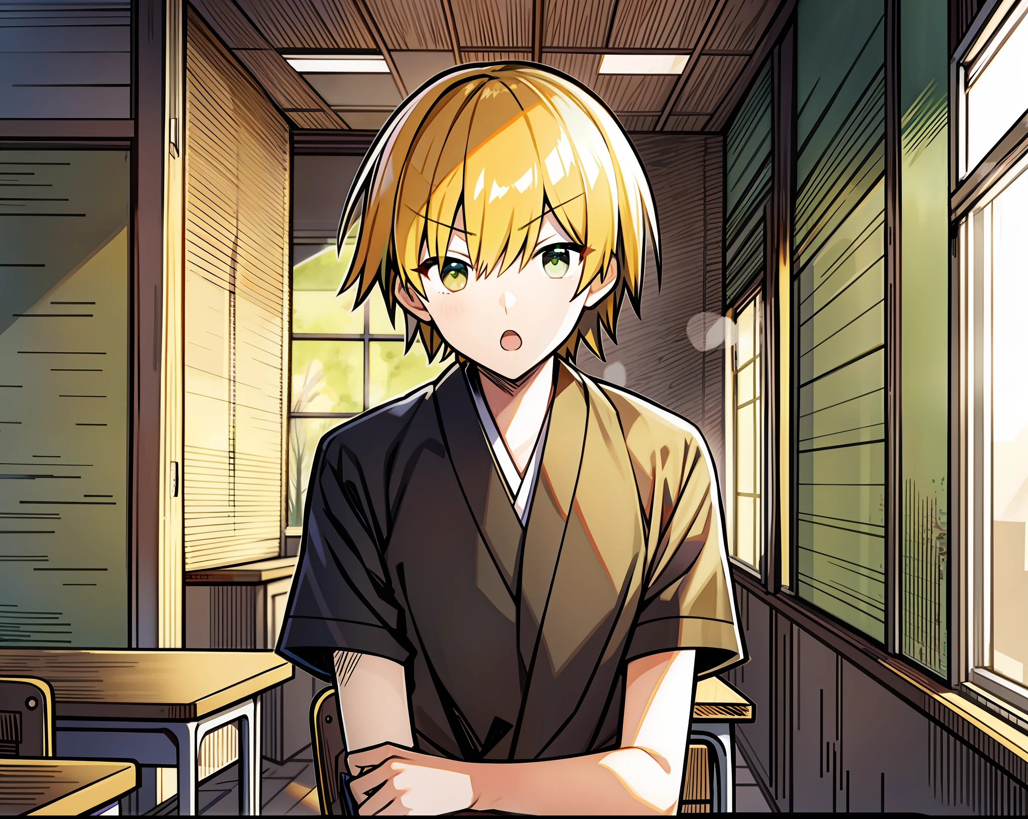 A 180cm male character from Japanese anime，flathead，Less hair，Small eyes，Strong body，high school senior，Sit in the back of the classroom，Yellow hair，Green eyes，Wearing a black school uniform，The background is a Japanese-style wooden classroom，High- sharpness，Masterpiece quality，In bust action with open mouth，line sleek，Presents a Japanese anime style，Focus on showing masculine characteristics，The eyes do not draw eyeliner，Short eyelashes。