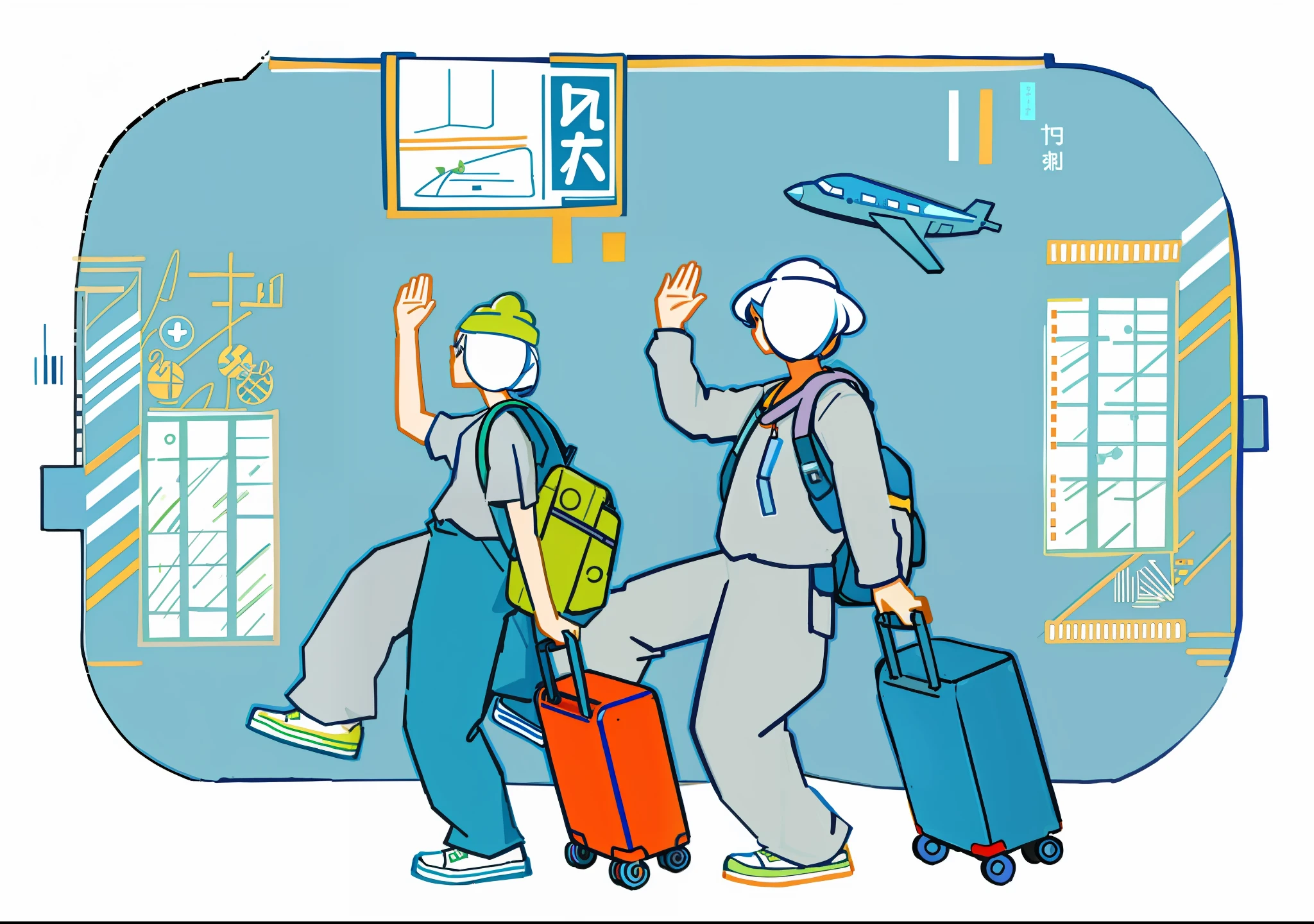 coloring pages of people with luggage walking and waving, colouring - in sheet, line art illustration, travelers, full page illustration, Colorful illustrations