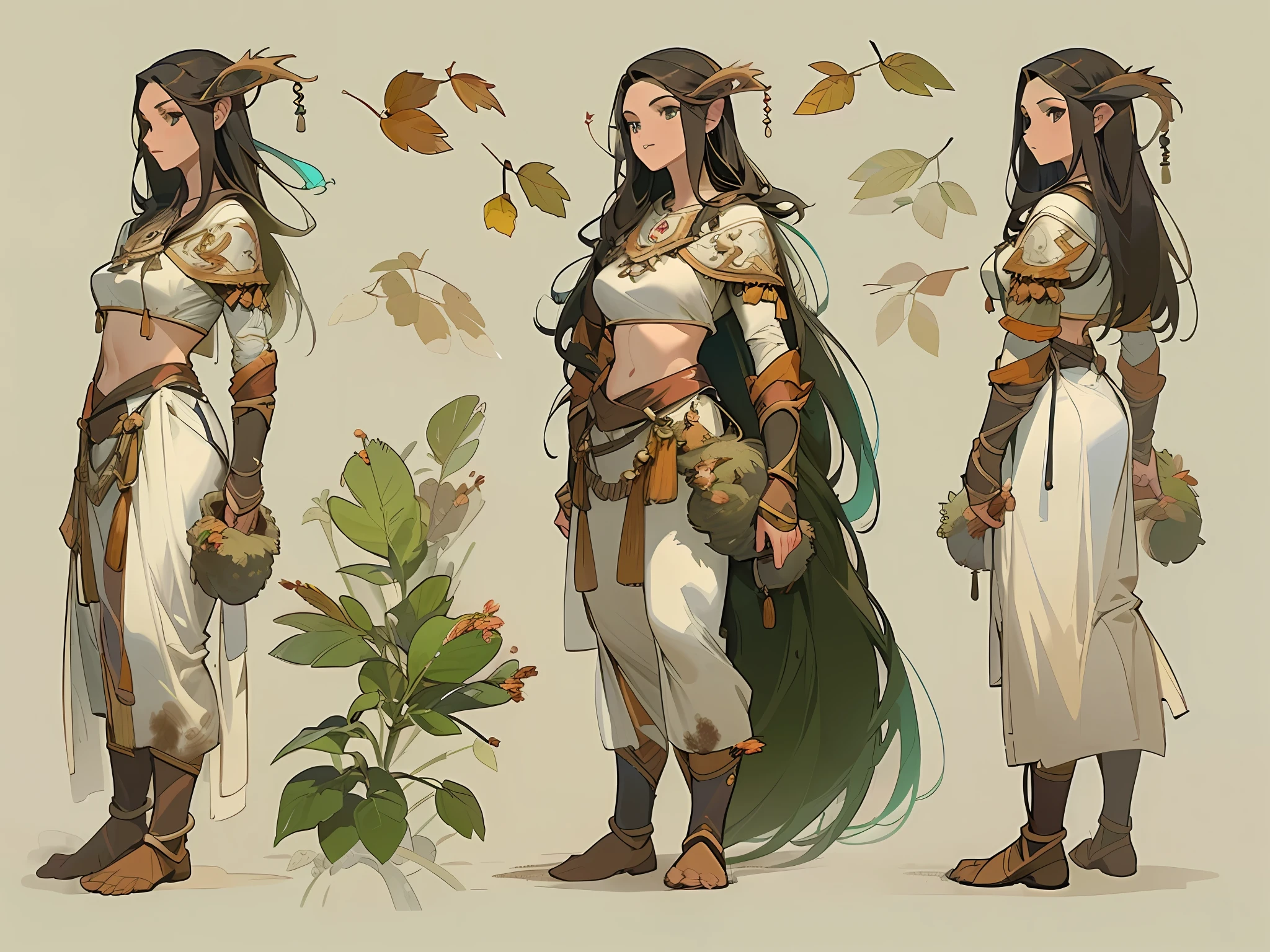 ((Three-view of roles)), ((tmasterpiece))、((Top quality))、((CharacterDesignSheet,Same role,frontage、Lateral face、on back)),illustration, ((1 Northern Girl,Barbarians,Primitives,arma)),shaman, tusks, Nature, Healer, Round ears, wild hairs, Dark black hair, Unkempt hair, pretty eyes, Vines in hair, Thick body, Wide body,Fantasy setting,Environmental Scene Change, Pose too, , charturnbetalora, (simplebackground, white backgrounid: 1.3),falling leaf, ventania, Magic the Gathering, dungeons and dragons, character concept, character art, Character portrait, Cartoon, Best quality, Best resolution, 4K