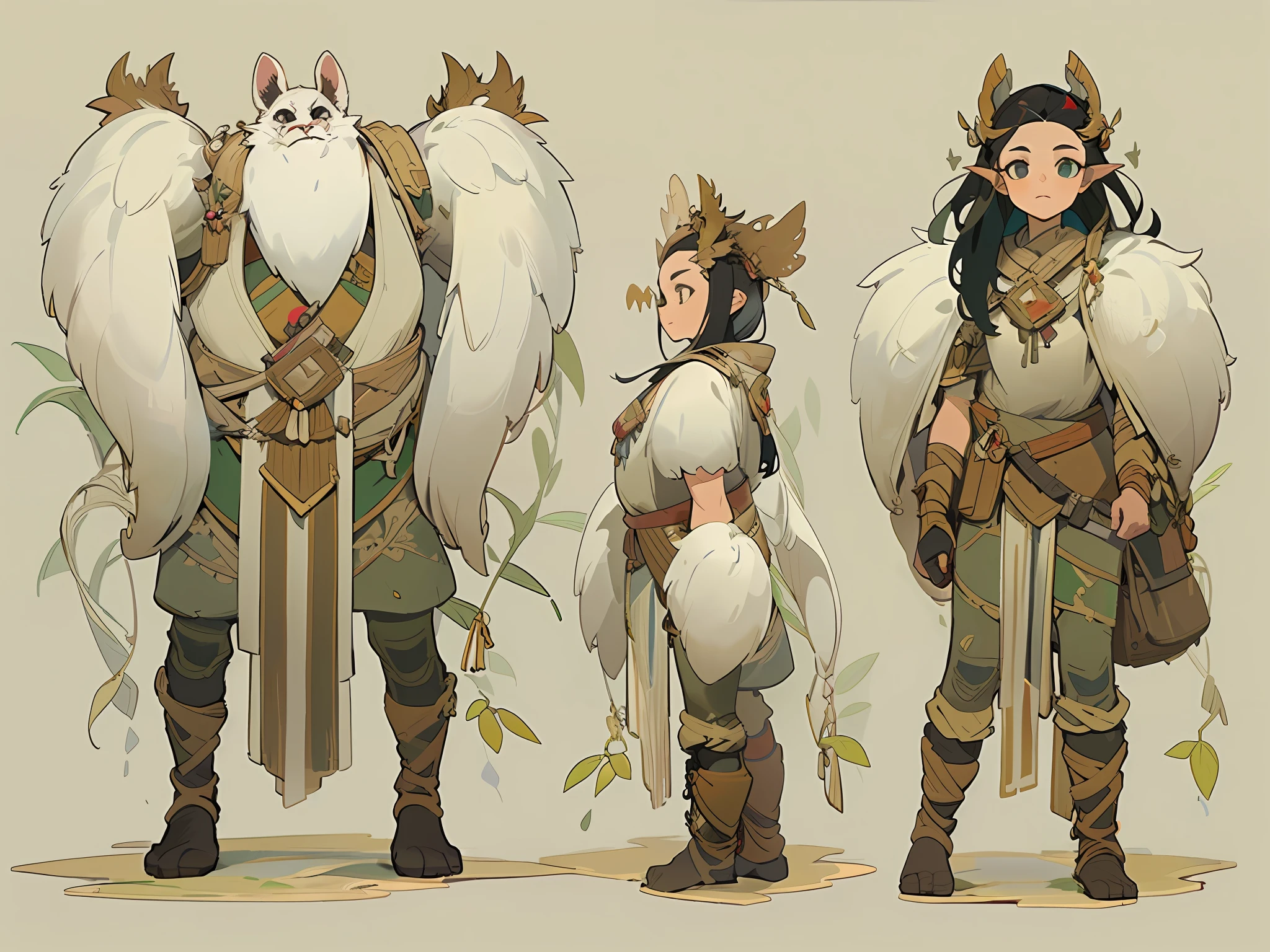 ((Three-view of roles)), ((tmasterpiece))、((Top quality))、((CharacterDesignSheet，Same role，frontage、Lateral face、on  back))，illustration, ((1 Northern Girl，Barbarians，Primitives，arma))，shaman, tusks, Nature, Healer, Round ears, wild hairs, Dark black hair, Unkempt hair, pretty eyes, Vines in hair, Thick body, Wide body,Fantasy setting,Environmental Scene Change, Pose too, , charturnbetalora, (simplebackground, white backgrounid: 1.3)，falling leaf, ventania, Magic the Gathering, dungeons and dragons, character concept, character art, Character portrait, Cartoon, Best quality, Best resolution, 4K