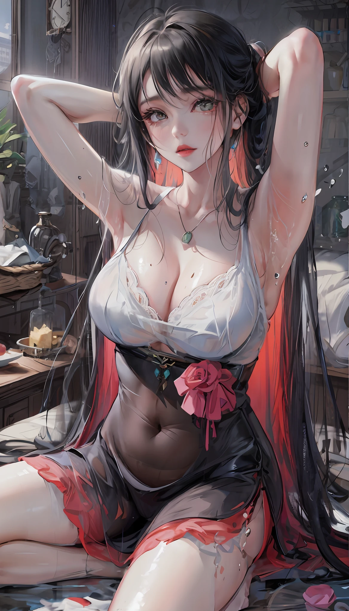 Highest image quality,4K,Professional lenses,Anime girl sitting on bed,Long black hair and white top, seductive anime girls, beautiful and seductive anime woman, Guviz, Extremely detailed Artgerm, There is a puddle of viscous liquid between the legs,There is a layer of white translucent mucus on the breast,There is a lot of fluid on the legs and arms, and hands,Clothing soaked in an oily liquid,Torn clothes,A large amount of saliva slipped from my mouth to my chest,,Burst underwear,legs separated,Soaked underwear is torn,A large amount of fluid runs down the breast,The lace-knit wrap skirt was torn,Reveals belly and white lace panties,Soak in translucent panties,A puddle of sticky, Oily fluid on the breast,Soft white lace briefs,Large amounts of fluid splashed on the breasts in the distance,Greasy skin,sweatyskin