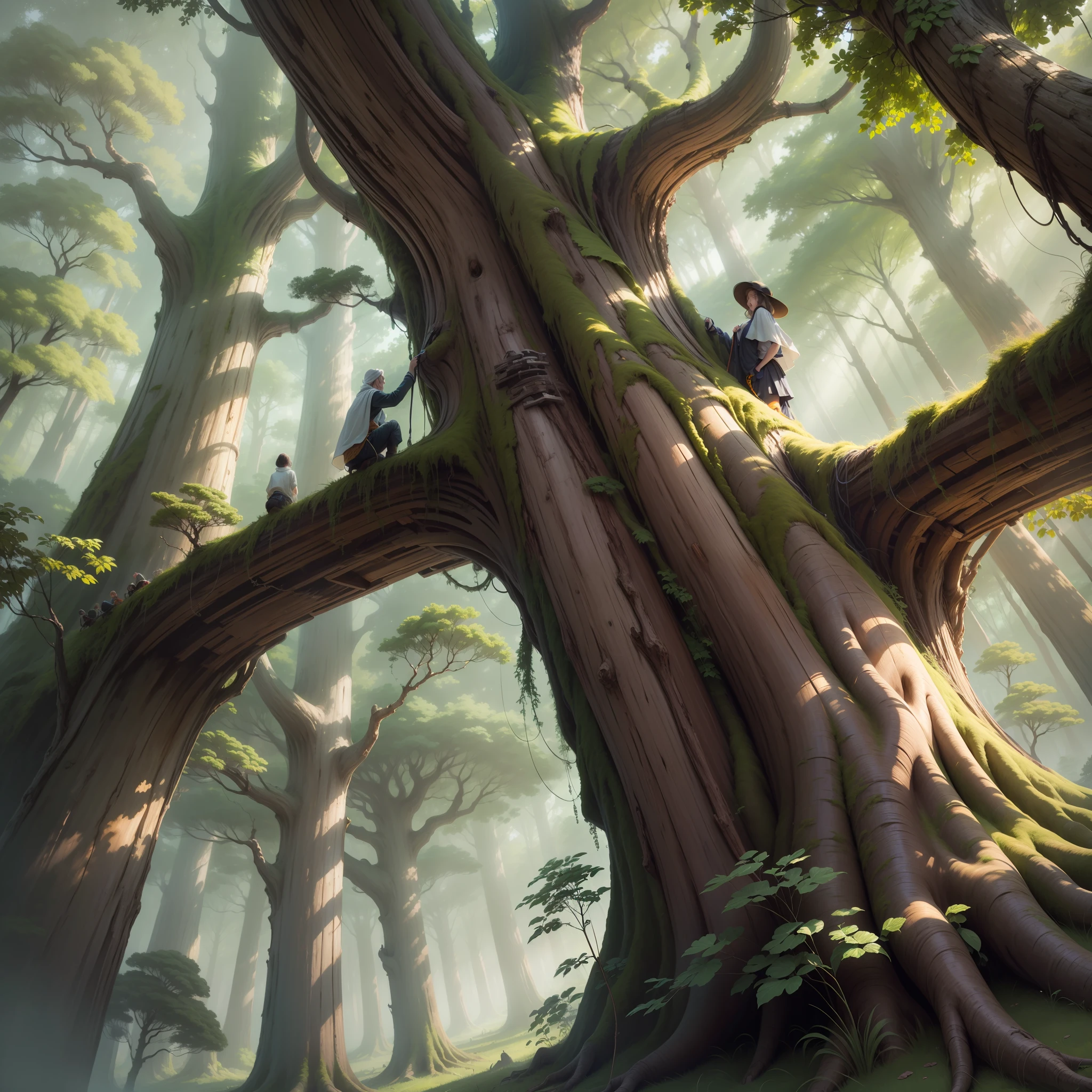 big trees，suns，a person