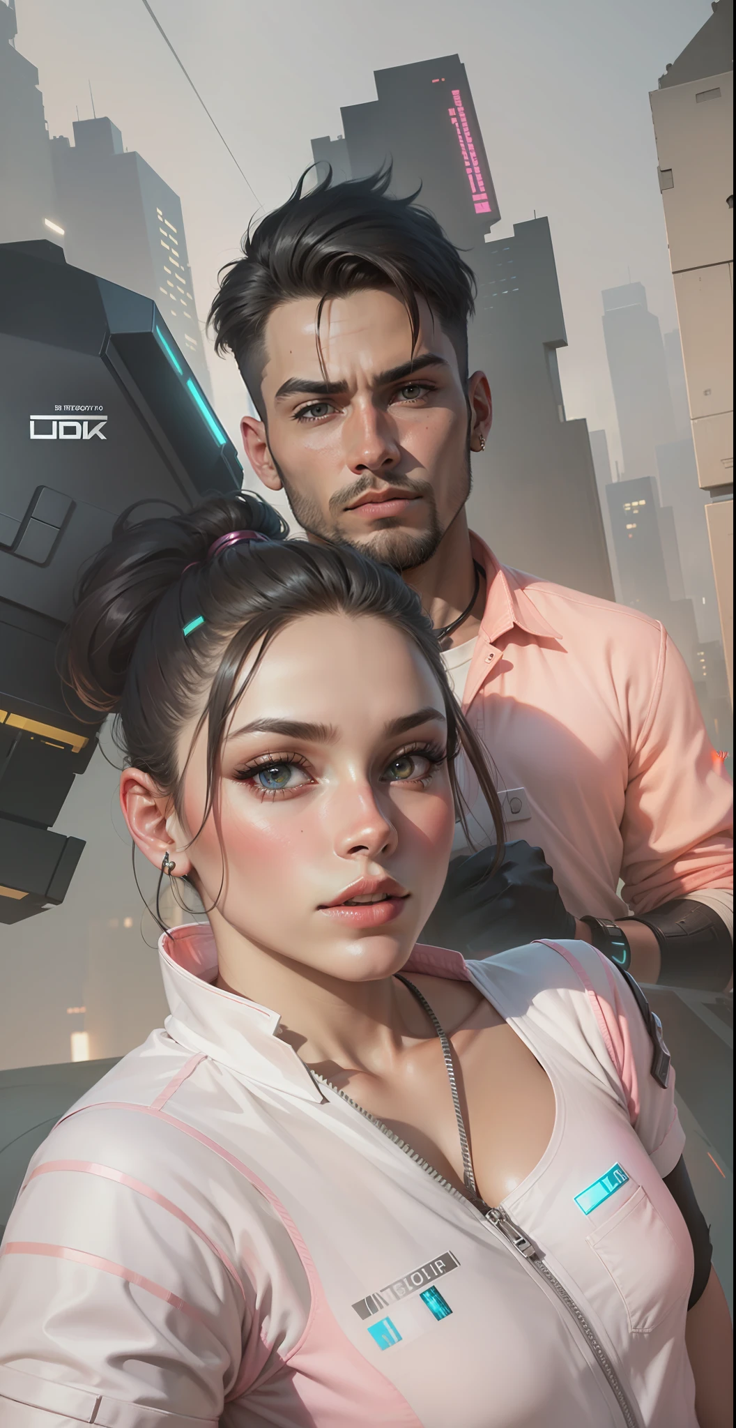 Change background cyberpunk, handsome boy, cut buatiful gril,realistic face, 8k,ultra realistic,