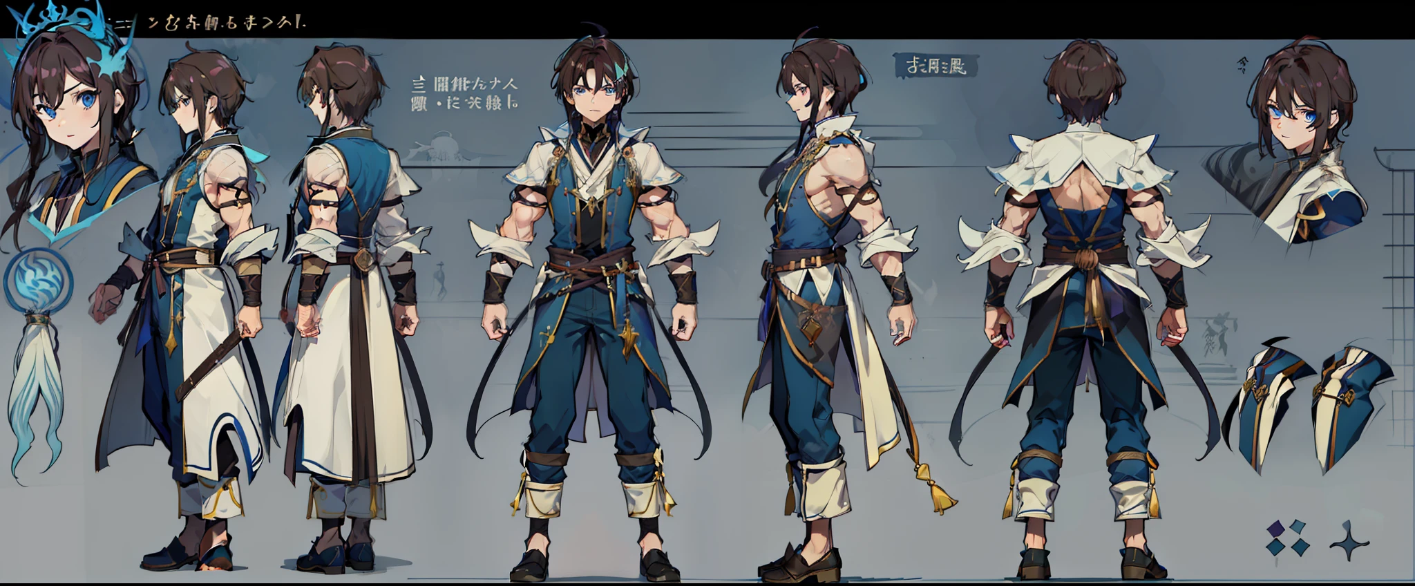 1人, reference sheet, (Fantasy character design, Front, back, Side) Manly, Mage, Magic User, Broad shoulders, Tall, lean athletic build. magical blue eyes, long and dark brown hair, neatly kept. flowing runic robes.