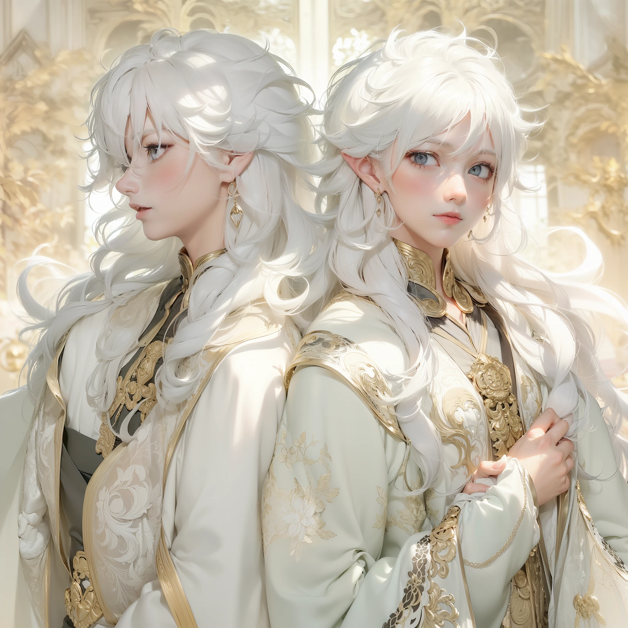 two teen age boys, (((twins))), ((they are identical twins)), (((male))), (slim body), (((flat chest))), ((pointy ears)), (((they both have white colored skin))), ((porcelain skin)), ((marble skin)), (((white-skinned))), (((white skin))), ((very pale skin)), (((black colored eyes))), (((black eyes))), ((their eye color is black)), (((their hair color is white))), (((their skin color is white))), (((both boys have white colored hair))), (((they both have white hair))), (((both boys have very long hair))), (((their hair is very long and wavy))), (((poofy hair))), (fluffy hair), (((wavy hair))), (((fantasy style))), (wearing long fantasy robes), (flowy robes), (long robe), ((wearing similar clothes)), (matching robes), (gold colored lace), (christian inspired), ((fantasy patterns on clothes)), ((magical patterns)), warm light, inside a fantasy temple, ((both boys have identical hair)), (((both boys have identical faces))), ((the two boys look extremely similar)), covered up, stars decoration, sun moon decoration, (((both boys have white colored skin like marble))), (((both boys are white-skinned))), ((they both have cute faces)), they are smiling