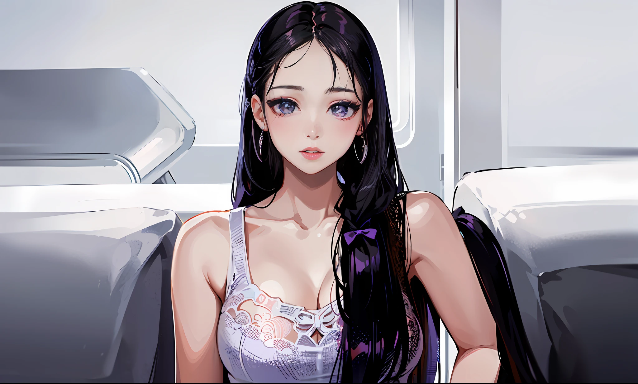 a close up of a woman with long hair standing in front of a refrigerator, blackpink jennie, jossi of blackpink, straight hairstyle, with long hair, portrait of jossi of blackpink, violet long hair, gongbi, sha xi, pigtails hairstyle, jaeyeon nam, taejune kim, the hime cut, roseanne park of blackpink