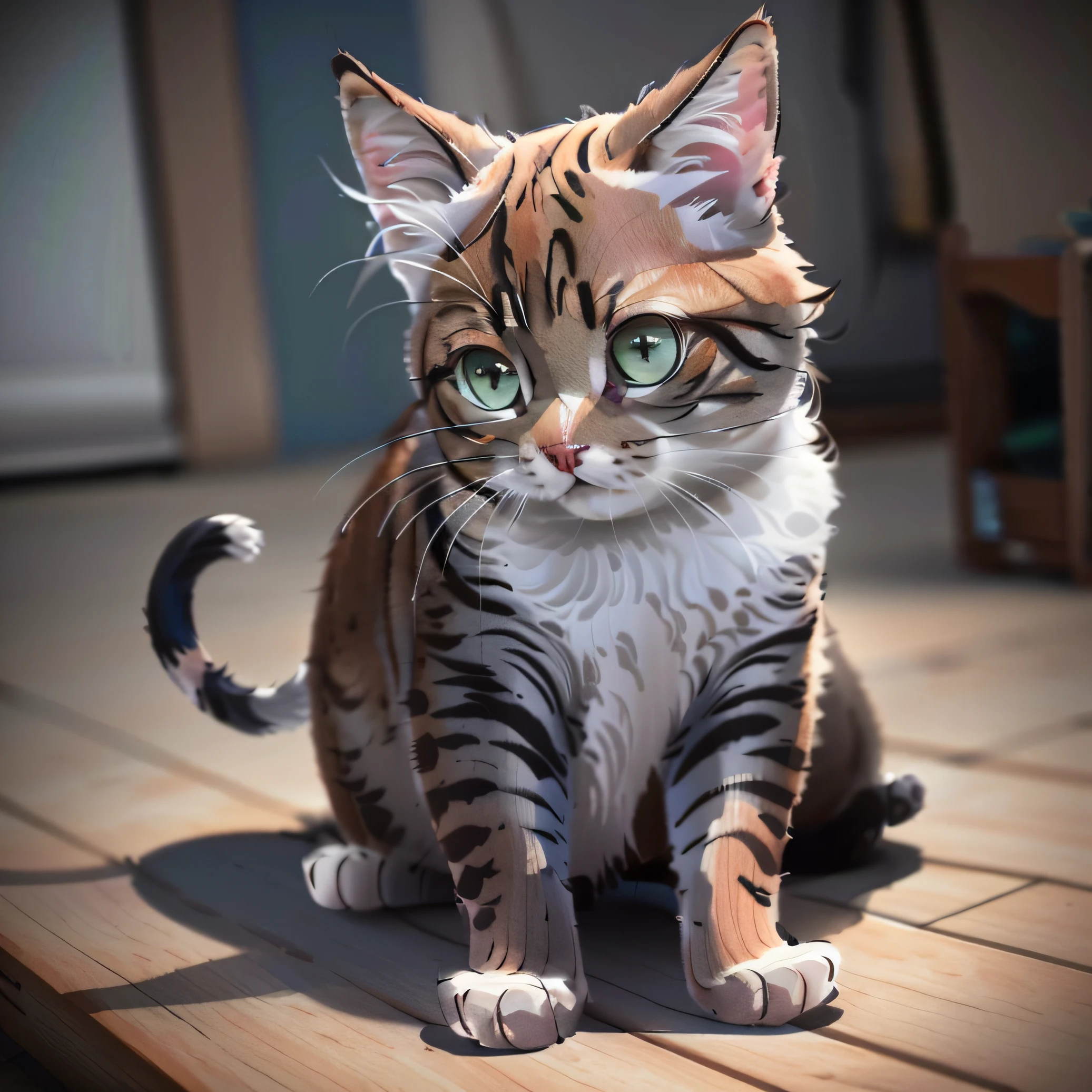 There was a cat sitting on the wooden floor,Holding a toy, lovely digital painting, Cute detailed digital art, realistic anime cat, ultra-realistic picture, Ultra-Realistic Illustrations, digital painting highly detailed, Realistic illustration, Ultra-Realistic Illustrations, photo realistic style, highly realistic photograph, realistic pictures, hyper-realistic illustration, hyperrealistic picture, ultra realistic 3d illustration