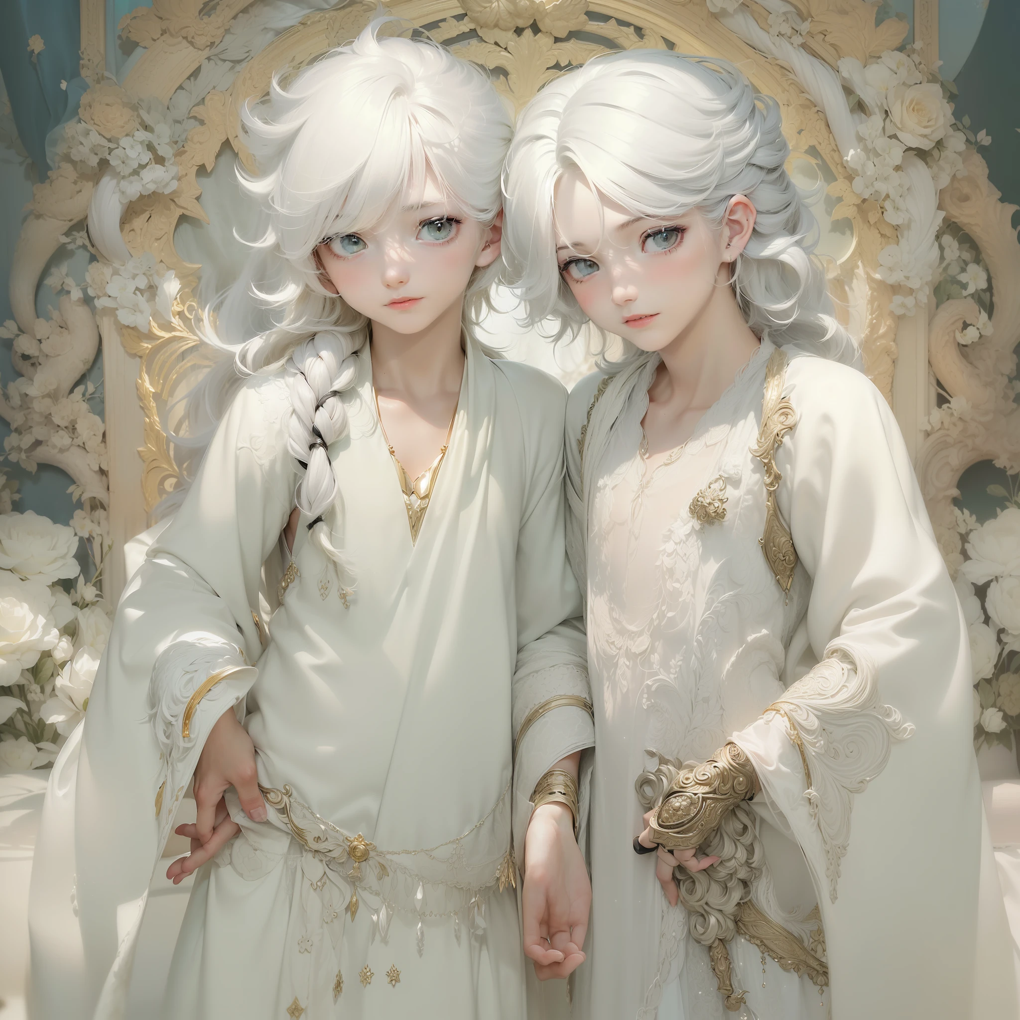 two teen age boys, (((twins))), ((they are identical twins)), (((male))), (slim body), (((flat chest))), ((pointy ears)), (((they both have white colored skin))), ((porcelain skin)), ((marble skin)), (((white-skinned))), (((white skin))), ((very pale skin)), (((black colored eyes))), (((black eyes))), ((their eye color is black)), (((their hair color is white))), (((their skin color is white))), (((both boys have white colored hair))), (((they both have white hair))), (((both boys have very long hair))), (((their hair is very long and wavy))), (((poofy hair))), (fluffy hair), (((wavy hair))), (((fantasy style))), (wearing long fantasy robes), (flowy robes), (long robe), ((wearing similar clothes)), (matching robes), (gold colored lace), (christian inspired), ((fantasy patterns on clothes)), ((magical patterns)), warm light, inside a fantasy temple, ((both boys have identical hair)), (((both boys have identical faces))), ((the two boys look extremely similar)), covered up, stars decoration, sun moon decoration, (((both boys have white colored skin like marble))), (((both boys are white-skinned))), ((they both have cute faces)), they are smiling