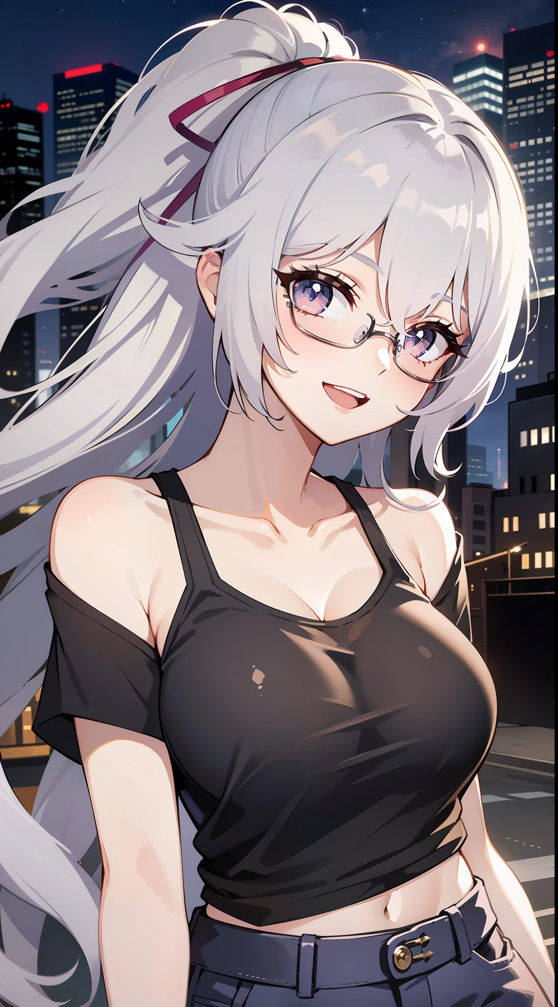 (city street background:1.5), seductive pose, wink, (Focus on upper body:1.2, until hips), ((Bronya:1.3),(silver hair:1.2),(drill hair:0.9)), 45 degree from viewer, seductive pose, looking at viewer, smiling, open mouth, frameless eyeglasses, full moon on sky, sky full of stars, casual clothes, t-shirt, tight t-shirt, open shoulder