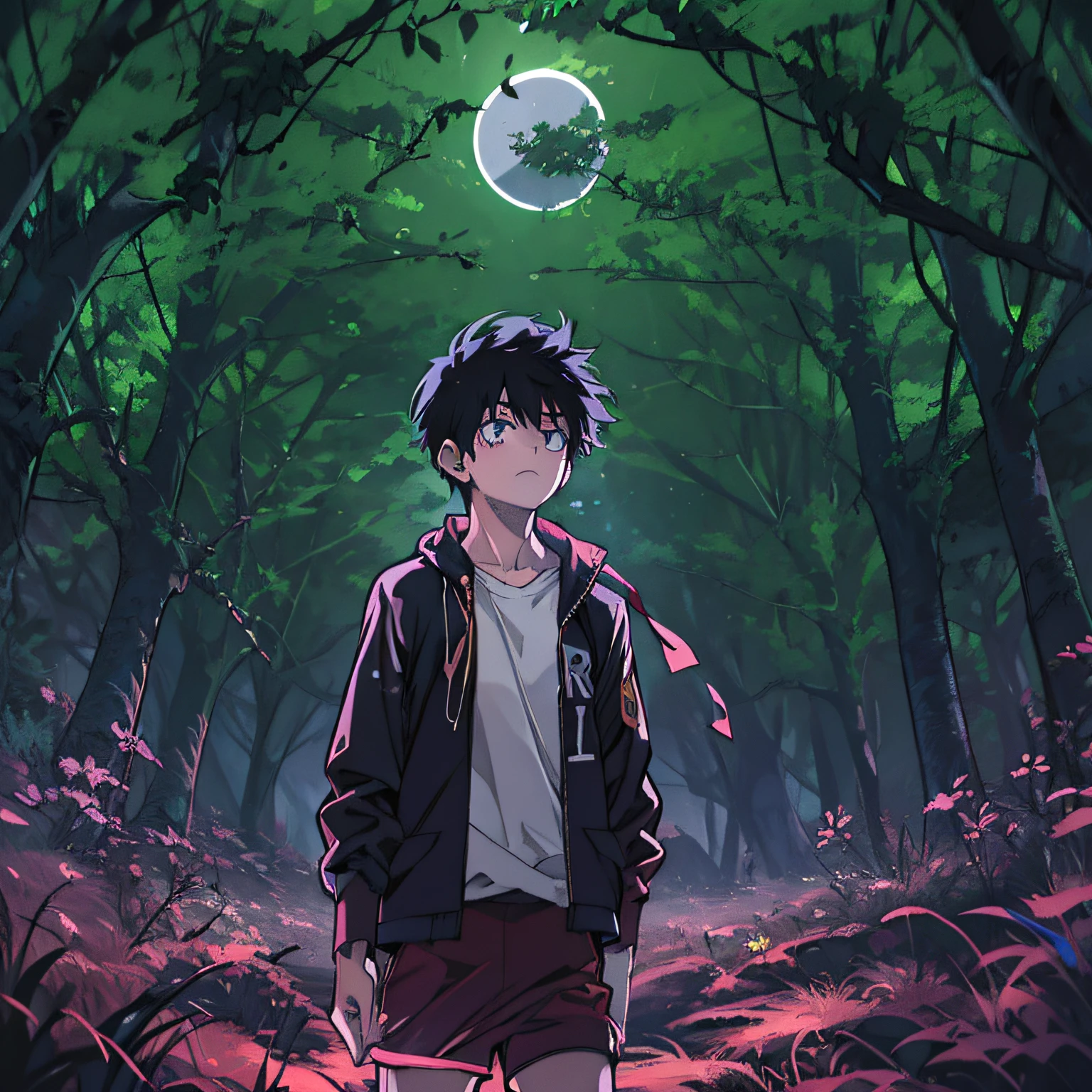 black hair, 1boy, short hair, gradient eyes, nervous, youth, Physical Education Student, Spooky environment, Thorn Forest, eclipse, anime, panorama, 8k, super detail, ccurate, best quality, high details, UHD
