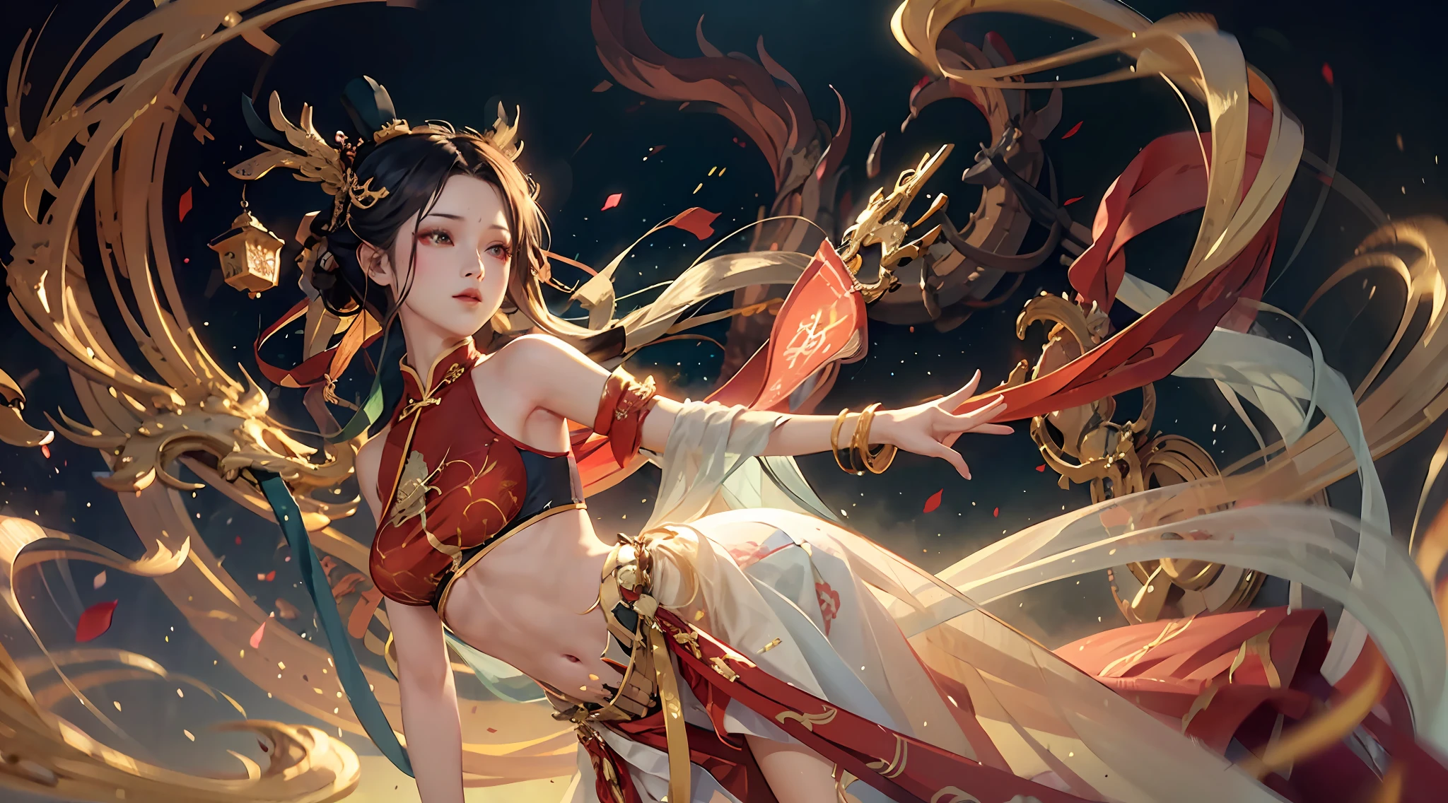 (RAW photos,best qualtiy),(realisticlying,photograph realistic:1.3),Extremely refined and beautiful,astounding,finedetail,tmasterpiece,Hyper-detailing,A high resolution,(Most Best Illustration),(Best shadow),iintricate,(In a crimson gold Chinese dragon,There is gold dust around,Black flowers,the trees,petals,ventania,oh, God,Long wavy body,Fang,fanciful,mito,high high quality,highly detailed,tmasterpiece,Epic,Particle effect,Dynamic effects,(drak:1.4)Front),Clouds,firestorm,Wings,the sunset,sharp fokus, volume fog, 8K UHD, digital SLR camera, high qulity, (filmgrain:1.4), 富士XT3,offcial art, Unity8k wallpapers, ultra - detailed, Beautiful and beautiful, best qualityer, (Zen entanglement, Tangled, entangled), (s fractal art: 1.4), 1girll, brunette color hair,white clothes, Chino, exposed bare shoulders, short skirt, small thighs, The is very detailed, dynamic angle, cowboy lens, (The most beautiful chaotic shape), Flowing, (Bright colors), overclocking, (halfway: 1.2), Chinese big breasts, (Tape: 1.3), (Dream: 1.5), (White phoenix cheongsam: 1.5), fenghuang,(ssmile: 0.5), (fenghuang), realisticlying, A high resolution, 复杂, Hyper-detailing, (dent in the skin), femele, Detailed body, (Detailed face: 1.1), (contoured iris), (Watercolor lenses), (perfect eyes), 4K, opulent, (tmasterpiece: 1.2), (best qualtiy:1.2), Wide buttock, thick thight, (Large breasts:1.2) Big breasts and big breasts (huge tit:1.2), slutty, tempting pose。
