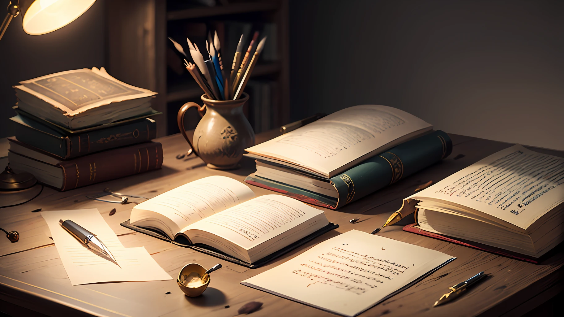Ancient books on desk, feather pen, inkbottle, super fine, 16k resolution, master work, overhead lens, dynamic viewing angle --auto