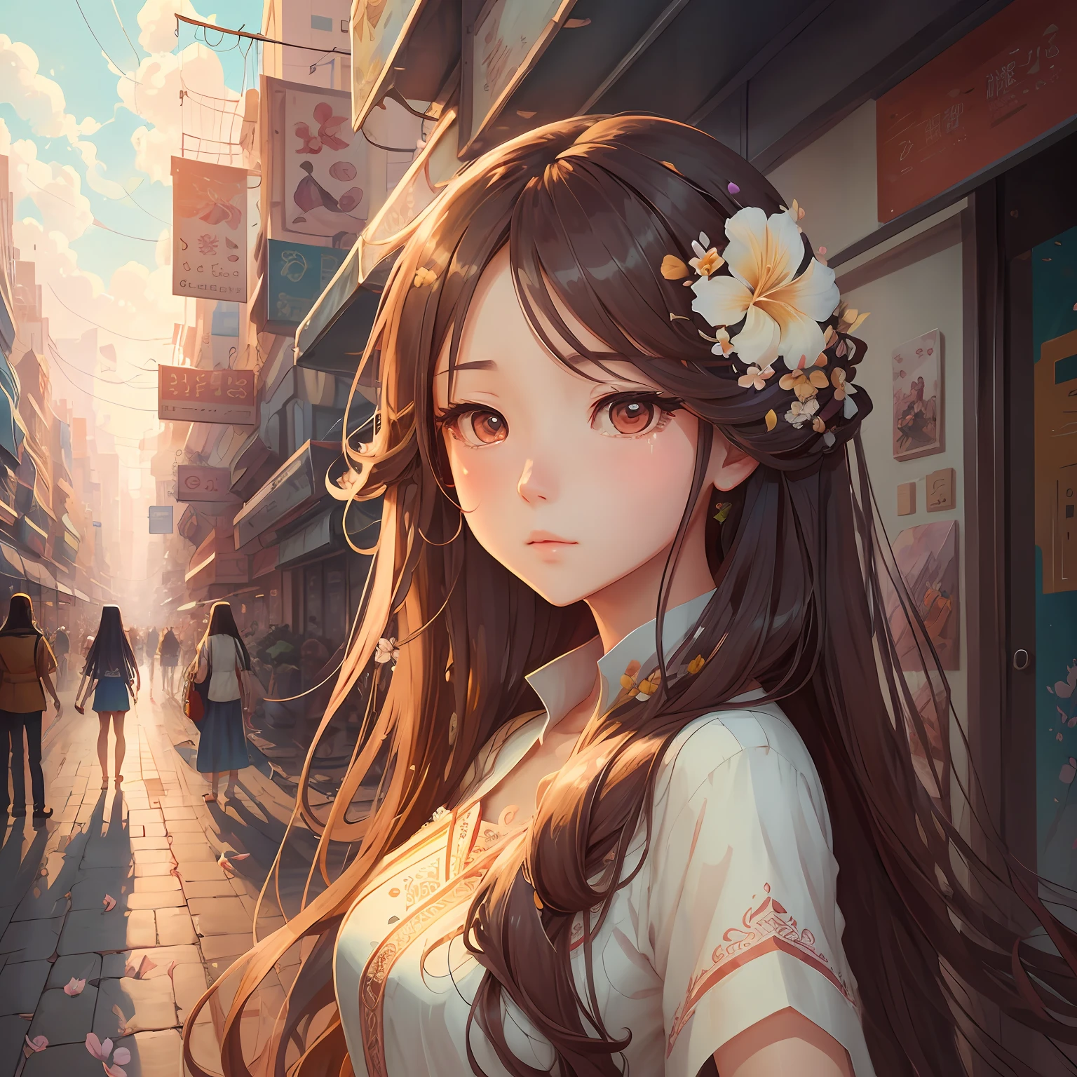 Has a long hair，Woman with a flower in her hair,Take a selfie on the bustling city streets，Photograph yourself， Guviz-style artwork, Guviz, [ 4 K digital art ]!!, inspired by Yanjun Cheng, Beautiful digital artwork, wlop glossy skin, trending on cgstation, Gorgeous digital painting, beautiful digital painting, in the art style of bowater, Beautiful digital illustration --auto