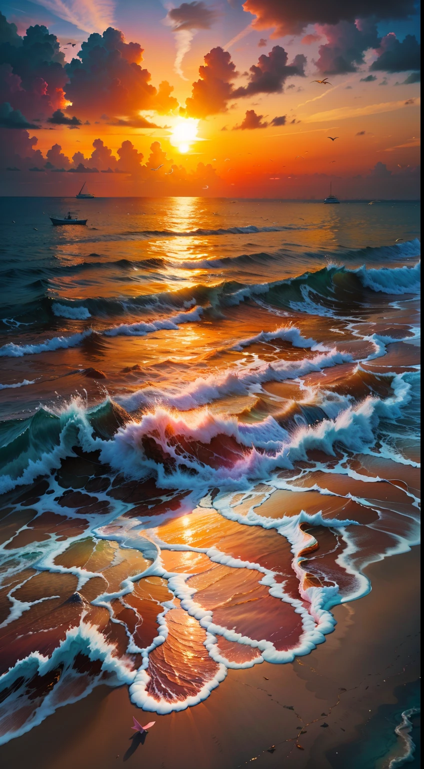 Absolutely mesmerizing sunset on the beach with a mix of oranges, pinks and yellows in the sky. The water is crystal clear, gently kissing the shore, and the white sand is endless. The scenes are action-packed and breathtaking, with seagulls soaring high in the sky and palm trees swaying gently. Immerse yourself in the calm atmosphere and let the serenity surround you.