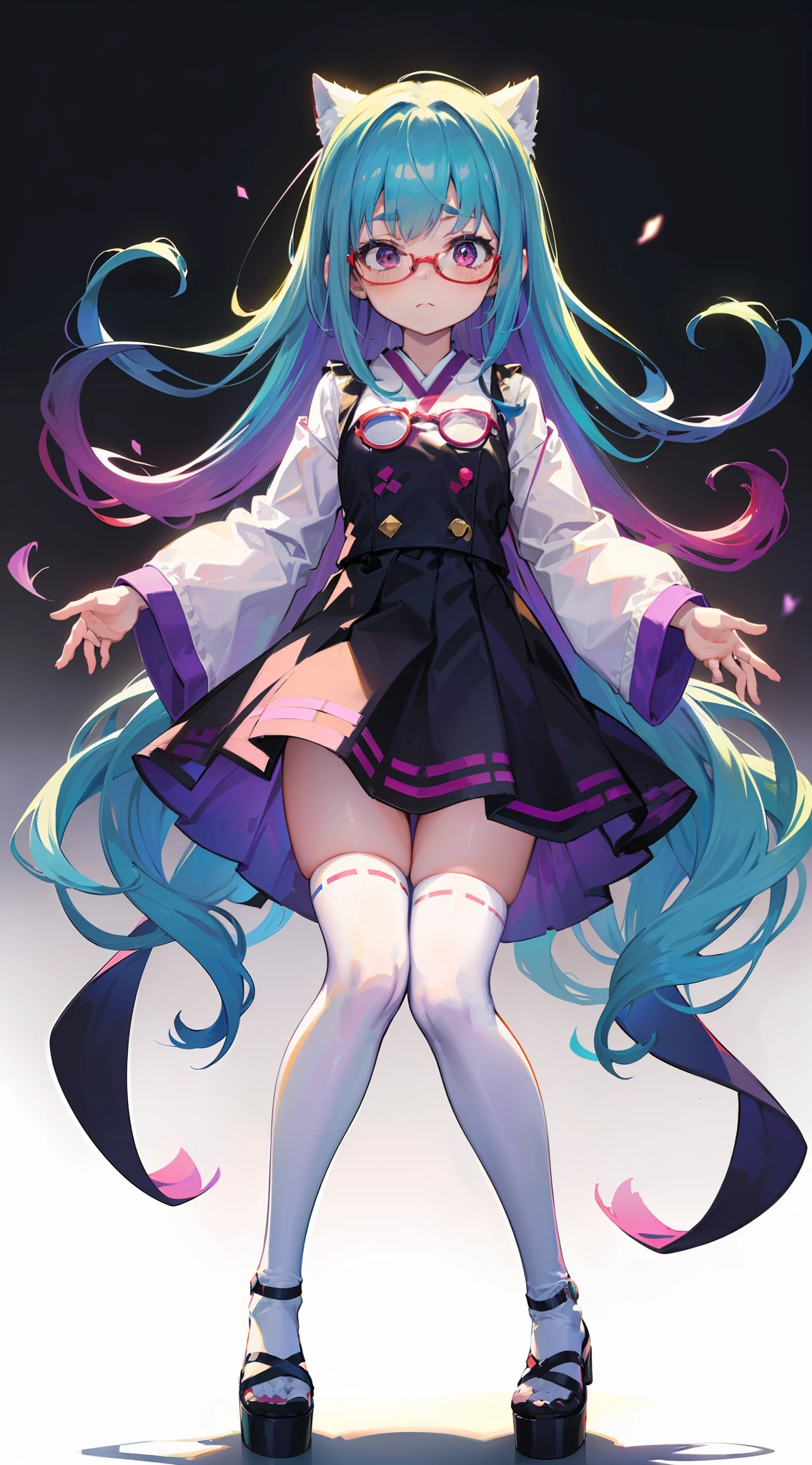 (magical ,人物,校服,Gradient Long Hair+Pale blue hair+Purple hair ends+Red Half-rimmed Glasses+Purple eye:1.2,magestic,White over-the-knee stockings, Expressions are confident and static)