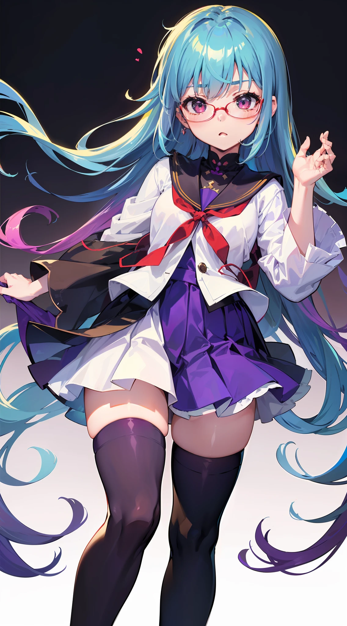 (magical little girl,人物,校服,Gradient Long Hair+Pale blue hair+Purple hair ends+Red Half-rimmed Glasses+Purple eye:1.2,magestic,White over-the-knee stockings, Expressions are confident and static)