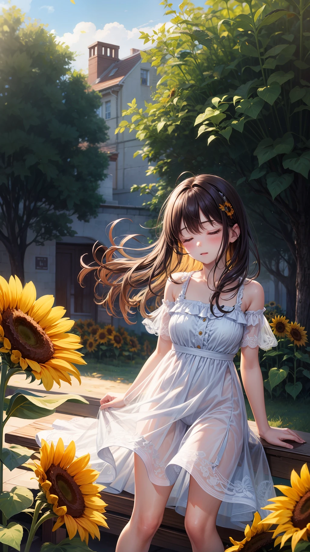 ultra high resolution, ultra high quality, ultra high details, ultra high definition, Park, On the bench, Round and sleep, super cute sleeping girl, bright, sunny, breeze, wind fluttering in the wind, Yellow see-through dress, Valley, Lots of sunflowers swaying in the flowerbed with the wind, A little cute boy who points to the main character and his mother,