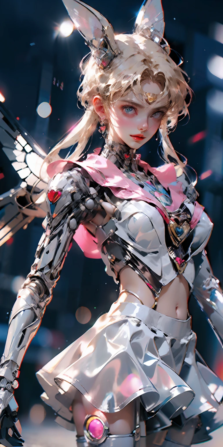1 mechanical girl: 1.4, Sailor Moon, white mechanical arm, humanoid body, pink sailor suit, good-looking face, sailor Moon, moon hare, rabbit ears, mechanical ears, white blouse, blonde hair, mechanical arm, pink skirt, side, heart-shaped robot in the background, sci-fi background, complex background, hair glowing hair, forehead hair light, moon, panorama, mechanical wings, large wings in the background