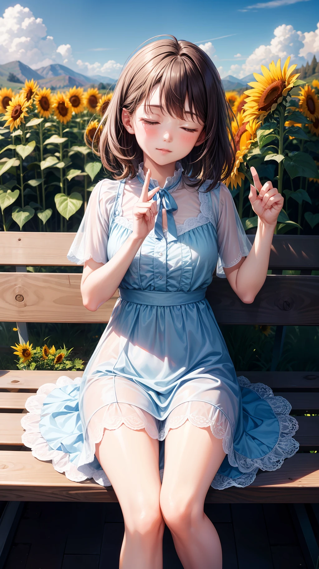 ultra high resolution, ultra high quality, ultra high details, ultra high definition, Park, On the bench, Round and sleep, super cute sleeping girl, bright, sunny, breeze, wind fluttering in the wind, Yellow see-through dress, Valley, Lots of sunflowers swaying in the flowerbed with the wind, A  boy who points to the main character and his mother,