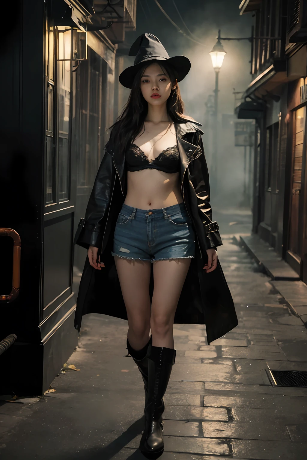 Ultra detailed, (Masterpiece:1.7), ((1girll)), Upright, (Small breast), Wizard robes, Wizard's Hat, denim short, ((Devil's mask in hand)), ((Bad laughs)), (32K:1.2), (upscaled:1.2), ((Best quality)), (Intricate details), (High contrast), All-encompassing intricacies, (Halloween late night), mistic, octane, mœbius, gorgeous posture, art stations, concept-art, Ambient, 8K resolution, Unreal Engine 5, rendering by octane, , (Detailed shadows), (Detailed lighting), , (dark shot:0.8), (Intricate details:1.0), (Intricate details, ultra - detailed:1.15), hdr, (At night:1.2), Atmospheric, City at night, Heavy fog, Dramaticlight, Cinematic, Sweet, Fantastic Big Eyes, Detailed face, dark western, Boots, Sim style, ShindoL