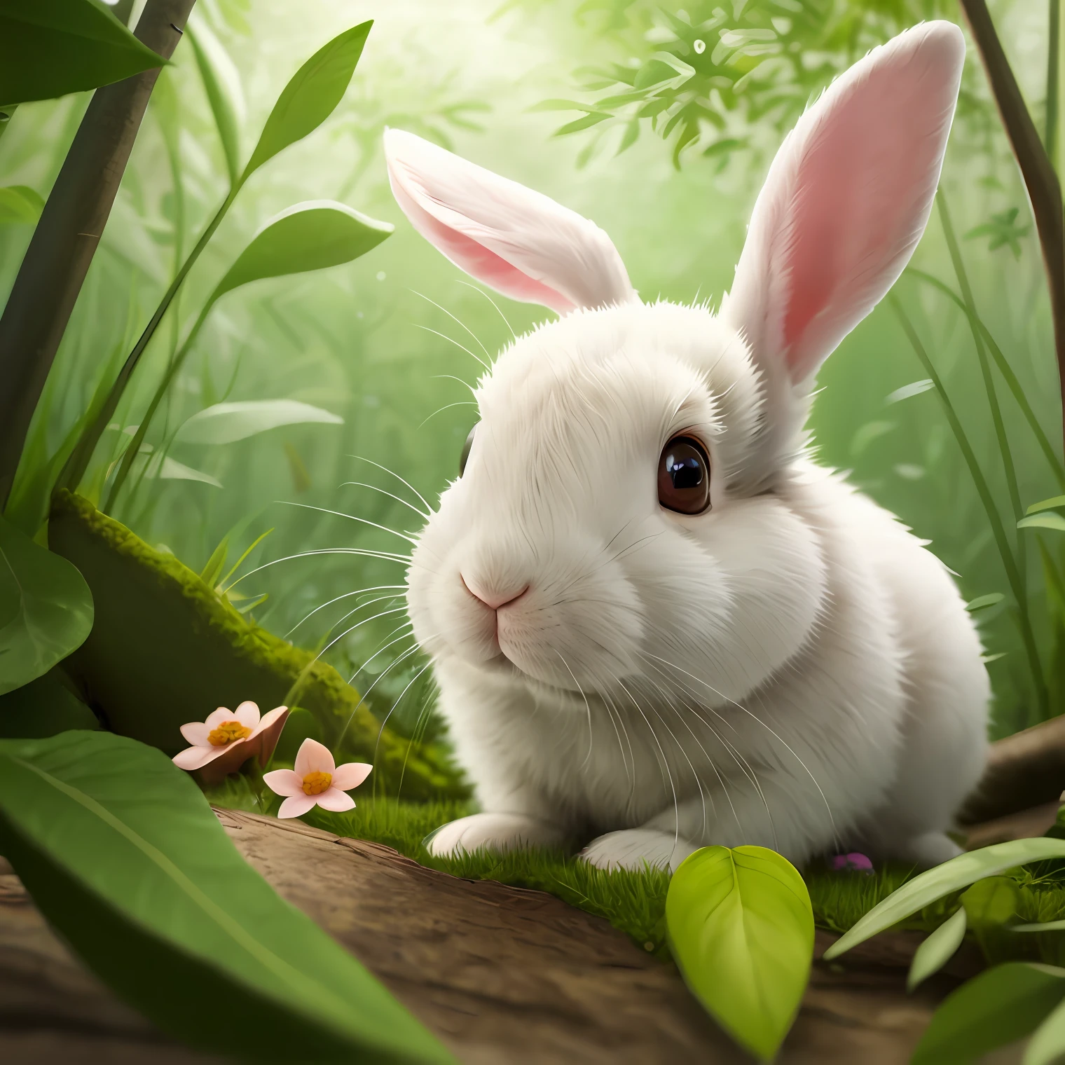 A cute cartoon bunny,Plead for the camera,sad big eyes,Ears drooping,full bodyesbian,realisticlying,8K,ultra - detailed,illustratio,dynamic angle,tmasterpiece,best qualtiy,The little rabbit decides to embark on a journey in search of the flower。It passes through dense forests,There were many difficulties and challenges。Sometimes it gets lost,Sometimes it encounters dangerous animals,But the little rabbit never flinched。seed-46707575005253
