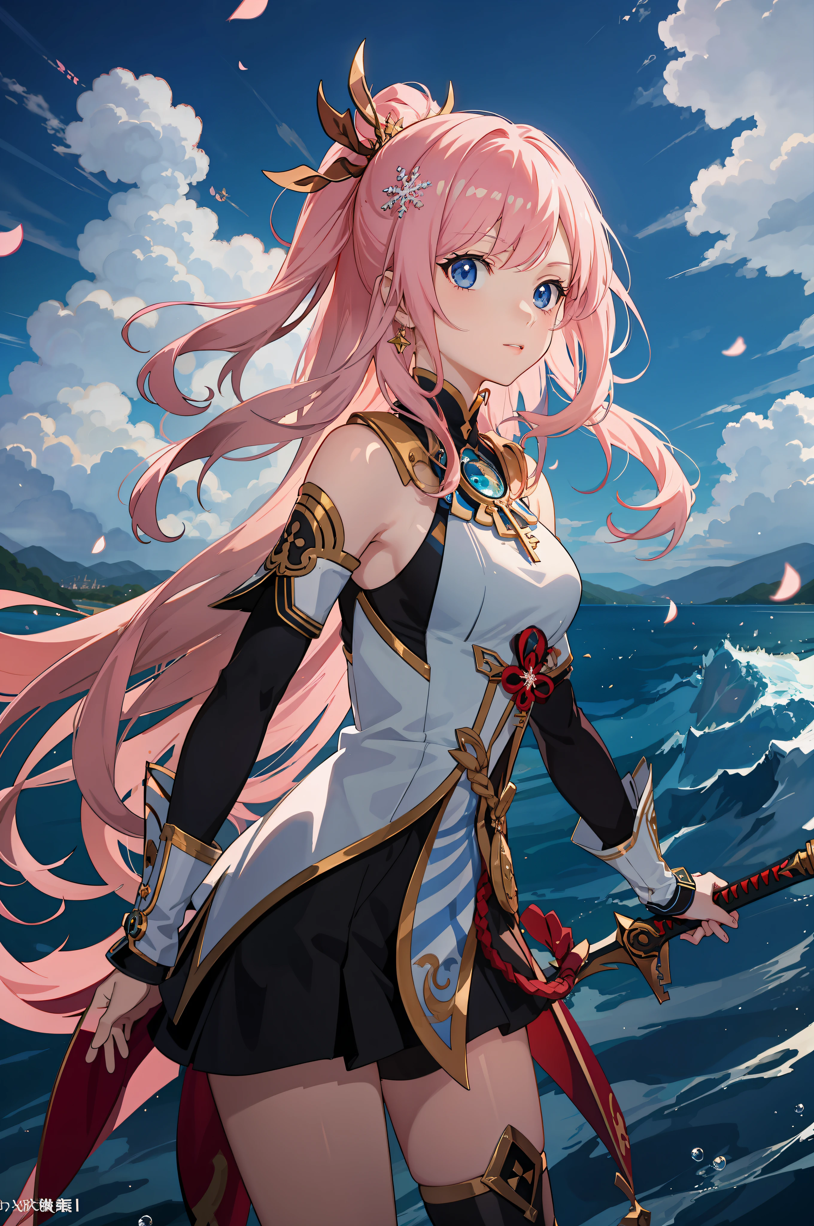 Anime girl with long pink hair and a sword standing in front of a body of water, Portrait Chevaliers du Zodiaque Fille, Ayaka Genshin impact, Best anime 4k konachan wallpaper, Kushatt Krenz Key Art Women, Detailed key anime art, Anime art wallpaper 4k, Anime art wallpaper 4 K, Anime art wallpaper 8 K(Snowflake tiara:1.2)Clear eyes
