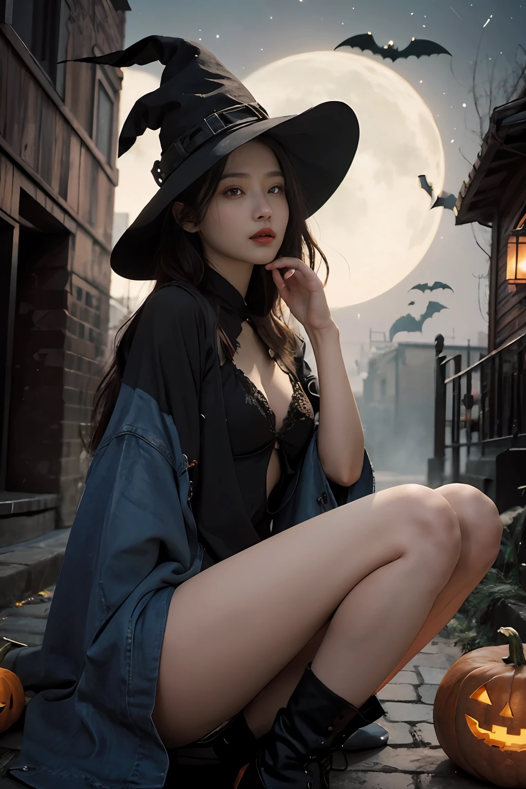 Ultra detailed, (Masterpiece:1.7), ((1girll)), Super detailed face, Detailed eyes, 二重まぶた, Slim Faces, shiny skins, nice leg line, Wizard robes, Wizard's Hat, denim short, ((Halloween props in hand)), ((ssmile)), (32K:1.2), (upscaled:1.2), ((Best quality)), (Intricate details), (High contrast), All-encompassing intricacies, (Halloween late night), Mysterious and dark streets, octane, Moebius, gorgeous posture, art stations, concept-art, Ambient, 8K resolution, Unreal Engine 5, rendering by octane, , (Detailed shadows), (Detailed lighting), , (dark shot:0.8), (Intricate details:1.0), (Intricate details, ultra - detailed:1.15), hdr, (At night:1.2), Atmospheric, City at night, Heavy fog, Dramaticlight, Cinematic, Sweet, Fantastic Big Eyes, Detailed face, dark western, Boots, analogue style, ShindoL