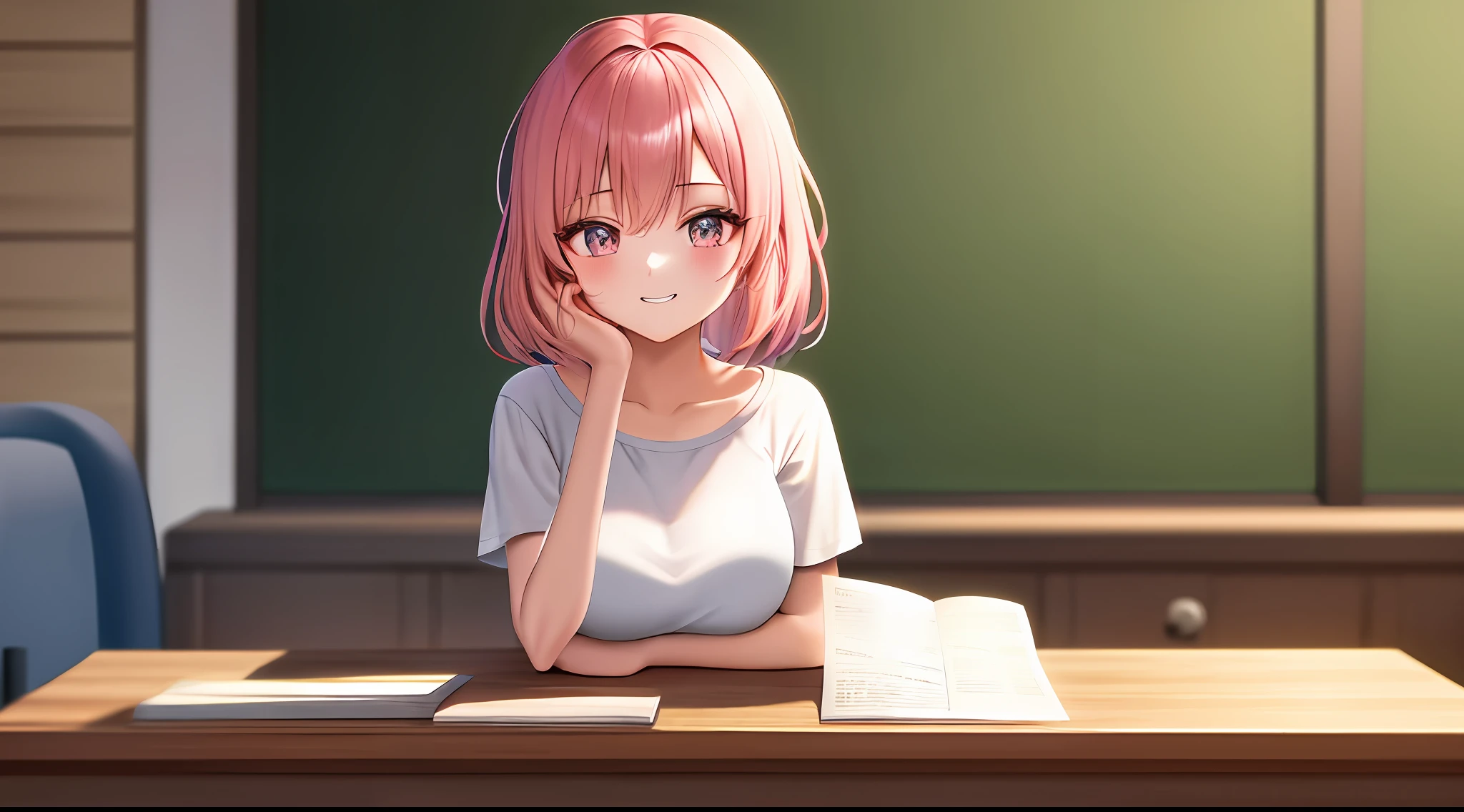 masterpiece, top-quality, hight resolution, a 1 girl, Loose white t-shirt、 Girl sitting on chair studying drafting at desk,、Beautie、Appeal、Frolic happily、30 year-old woman、Have good eyes、Pink hair color