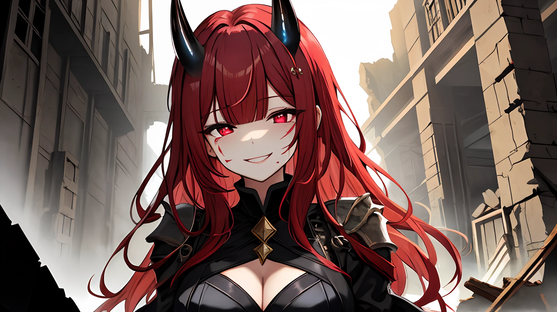 {best quality}, {{masterpiece}}, 1girl, solo, {an extremely delicate and beautiful}, burning ruins,
red hair, {long hair}, blunt bangs, large breasts, black demon horn, black armored dress with red details, cold light, red eyes, detailed eyes, seductive smile, half closed eyes, black kneehigh , blood on face,