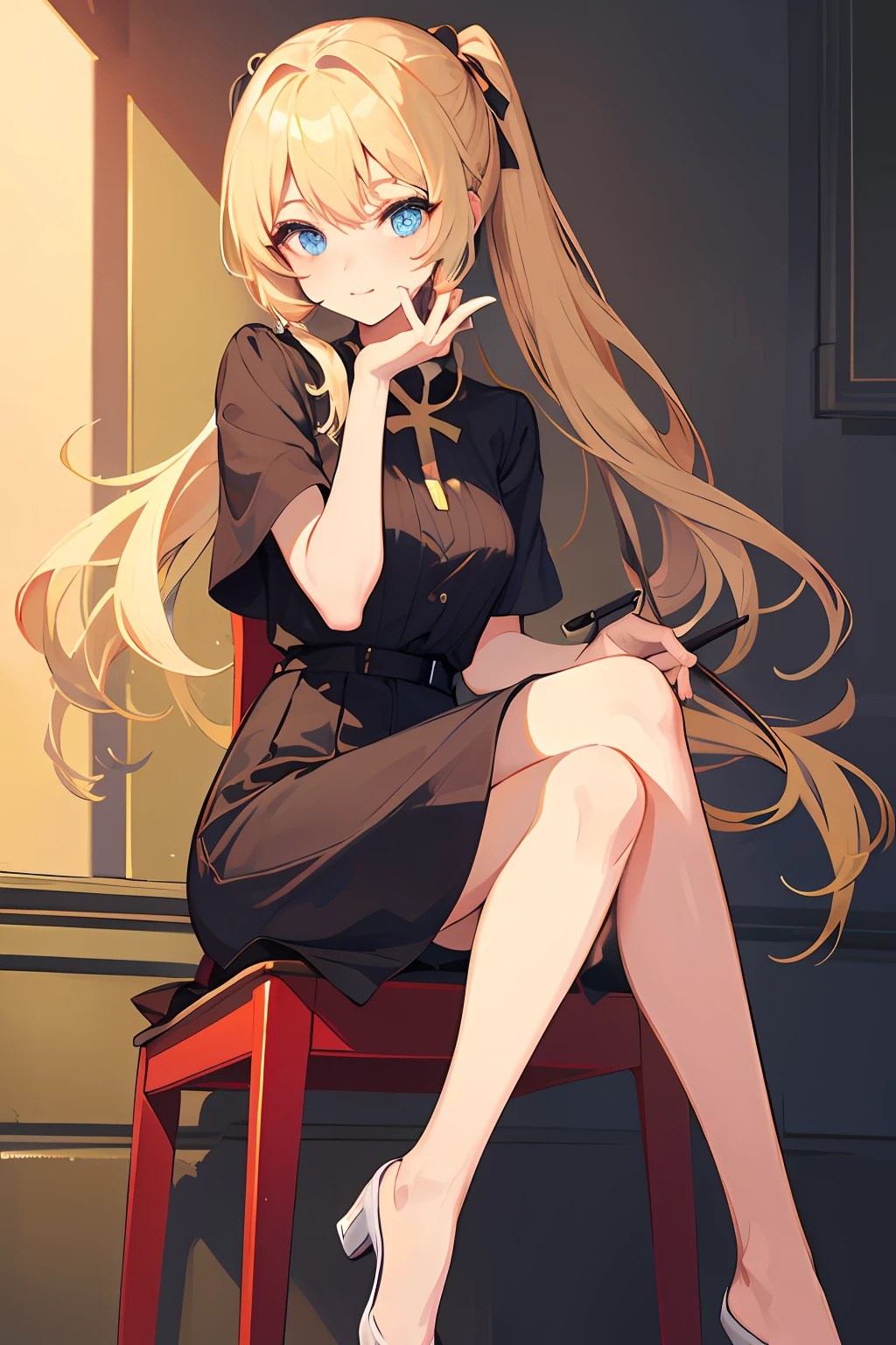 1 girl in、Blonde longhair、poneyTail、Light blue eyes、kawaii faces、Cool behavior、Cheek cane、cross one's legs、Sitting on a chair、high-level image quality、hightquality、​masterpiece、cool lady