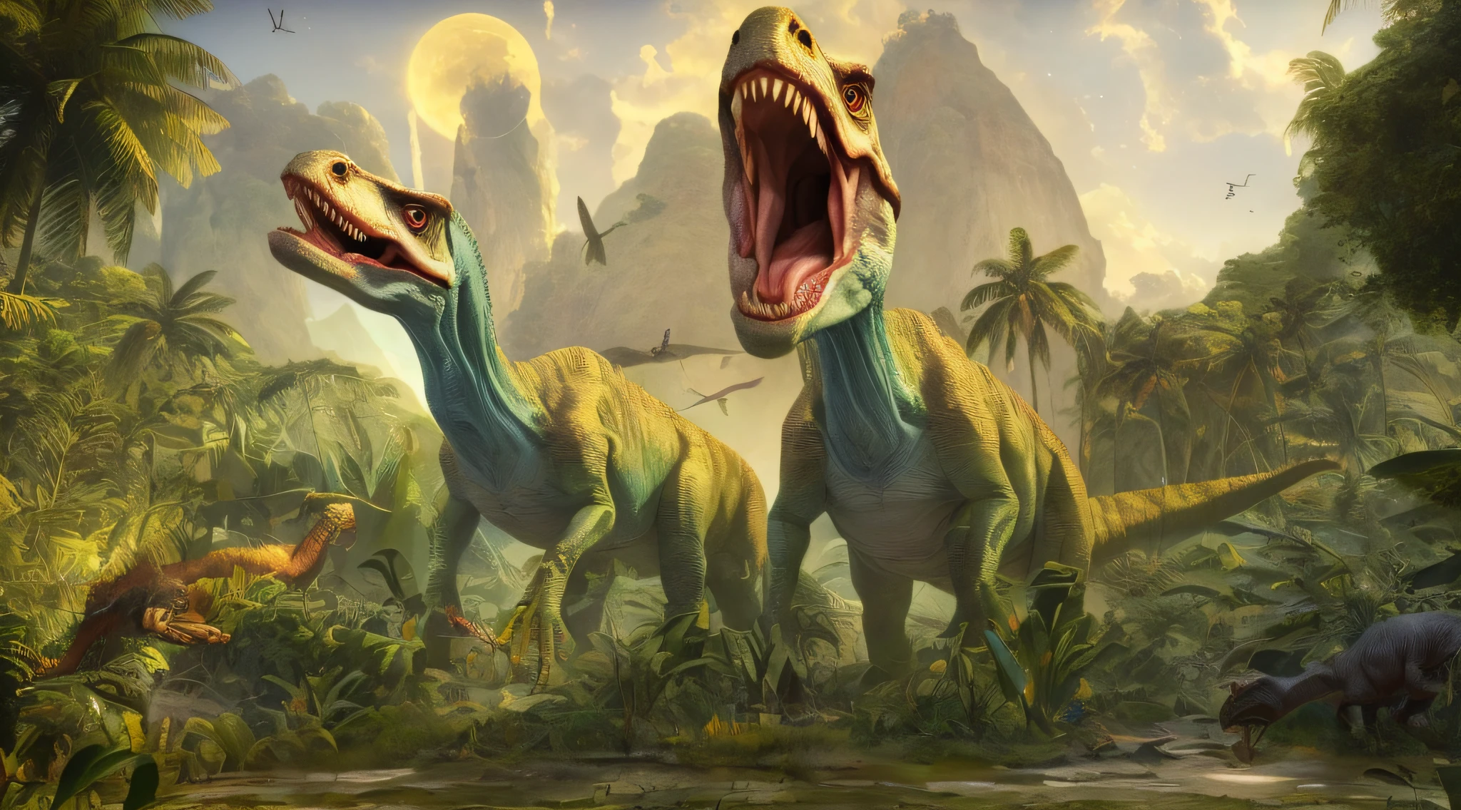 Arafeid dinosaurs in the tropics，The background is a starry sky, jurassic image, meteor impact behind a dinosaur, dinosaurs, realistic photography paleoart, ark survival, Prehistoric planet, realistic paleoart, at the time of dinosaurs, Ancient art, “a dinosaur market, carnivore dinosaur, background artwork, Beeple e Jean Giraud