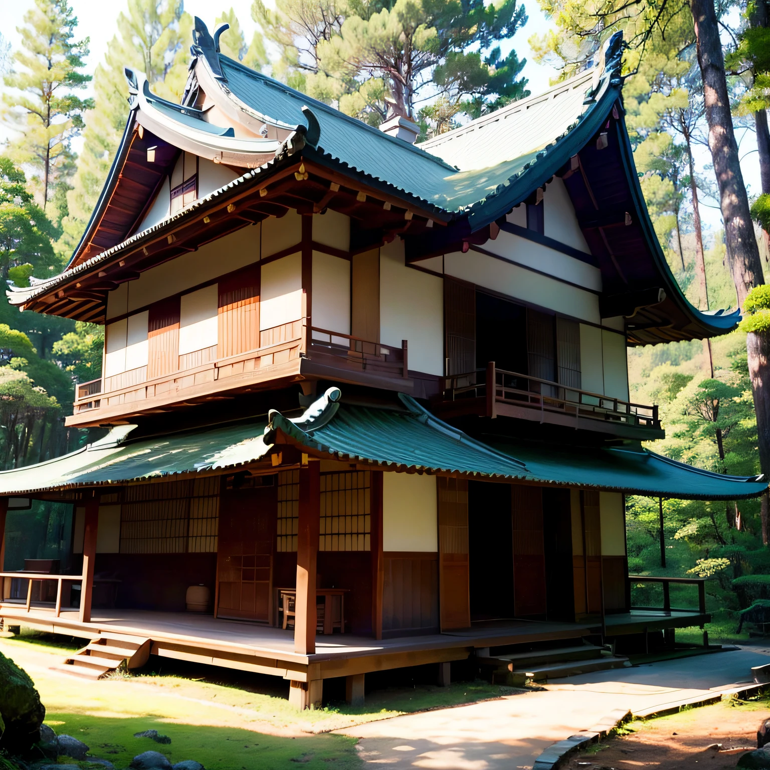 In the morning sun,There is a Japanese-style villa standing in the forest,Lots of cute critters around --auto