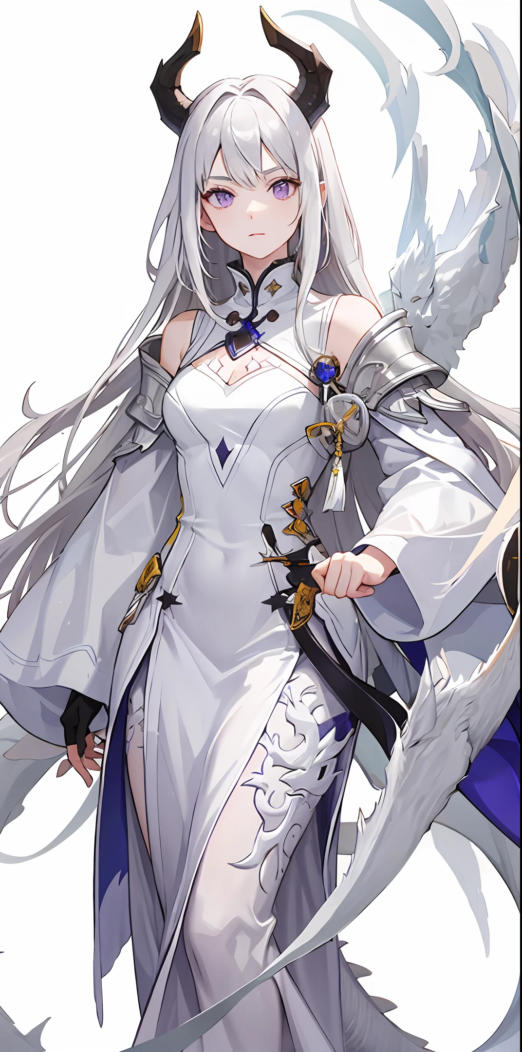 Silver hair, white clothes, white skin, purple eyes, white dragon