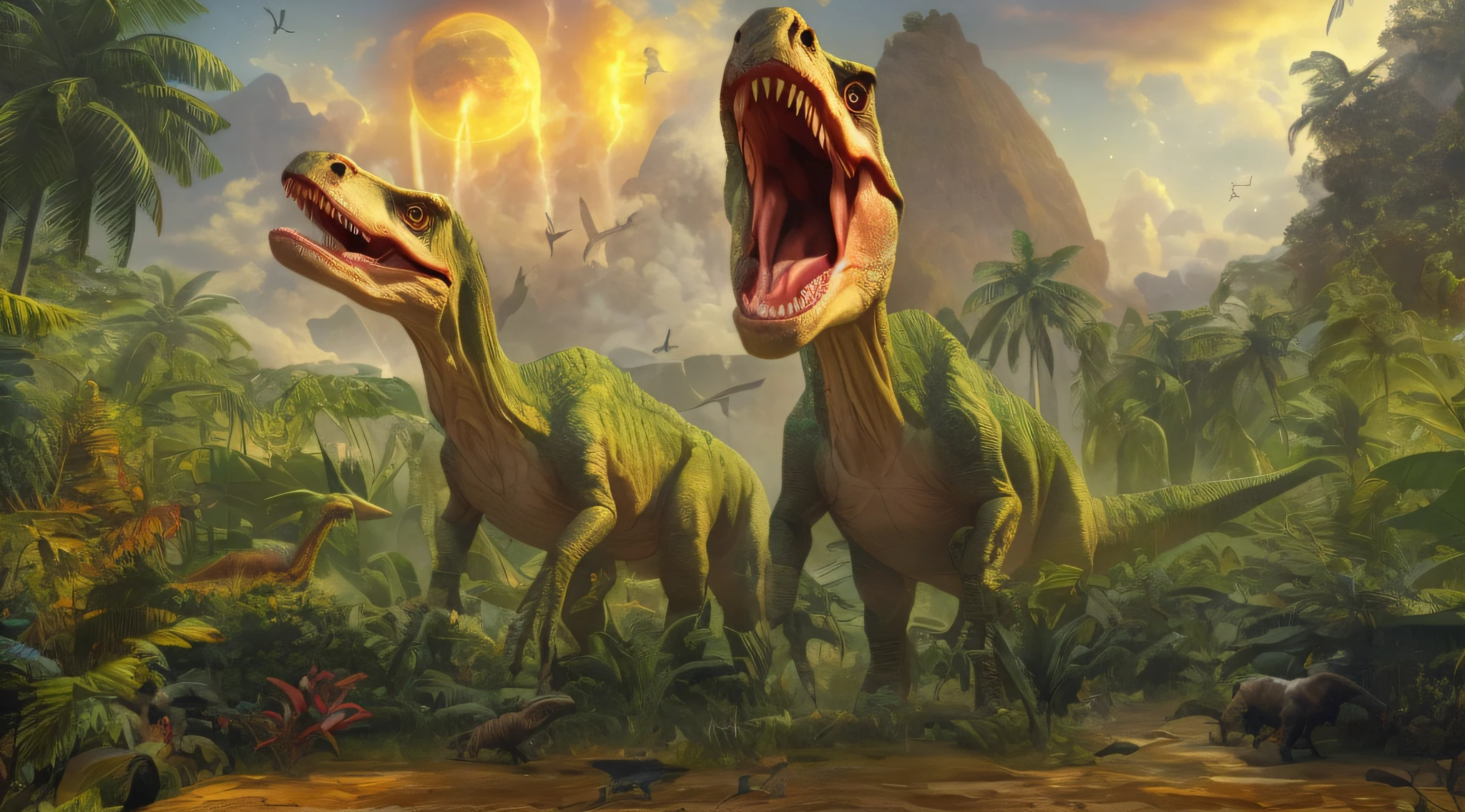 Arafeid dinosaurs in the tropics,The background is a starry sky, jurassic image, meteor impact behind a dinosaur, dinosaurs, realistic photography paleoart, ark survival, Prehistoric planet, realistic paleoart, at the time of dinosaurs, Ancient art, “a dinosaur market, carnivore dinosaur, background artwork, Beeple e Jean Giraud