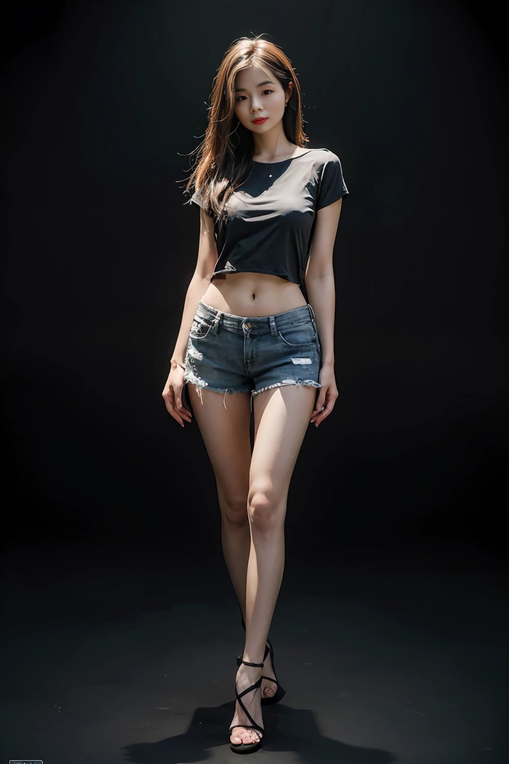 Best Quality, Masterpiece, High Resolution, 8K, (Realistic: 1.4), Ultra High Resolution, 1 Girl, Ultra Detailed, Surreal, Highly Detailed CG Illustration, Official Art, Cinematic Light, Reality, Young Beautiful Girl, Perfect Figure, Perfect Figure, Full View, Perfect Body, (Starting below: 1.3), Mask, Pose, Sexy Long Legs, Confident, Beautiful Sexy, Grey Short Sleeves, Open Abdomen, Black Super Shorts, S-shaped Body, Upturned Hips, Assuming, Posing, Different Perspectives