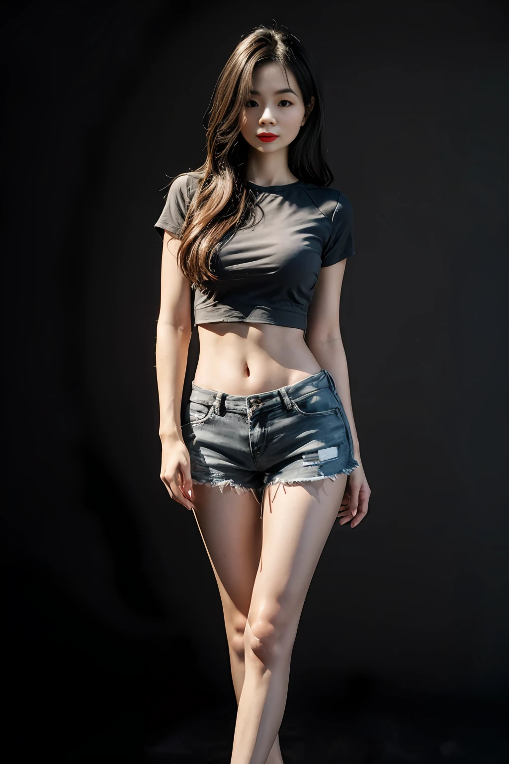 Best Quality, Masterpiece, High Resolution, 8K, (Realistic: 1.4), Ultra High Resolution, 1 Girl, Ultra Detailed, Surreal, Highly Detailed CG Illustration, Official Art, Cinematic Light, Reality, Young Beautiful Girl, Perfect Figure, Perfect Figure, Full View, Perfect Body, (Starting below: 1.3), Mask, Pose, Sexy Long Legs, Confident, Beautiful Sexy, Grey Short Sleeves, Open Abdomen, Black Super Shorts, S-shaped Body, Upturned Hips, Assuming, Posing, Different Perspectives