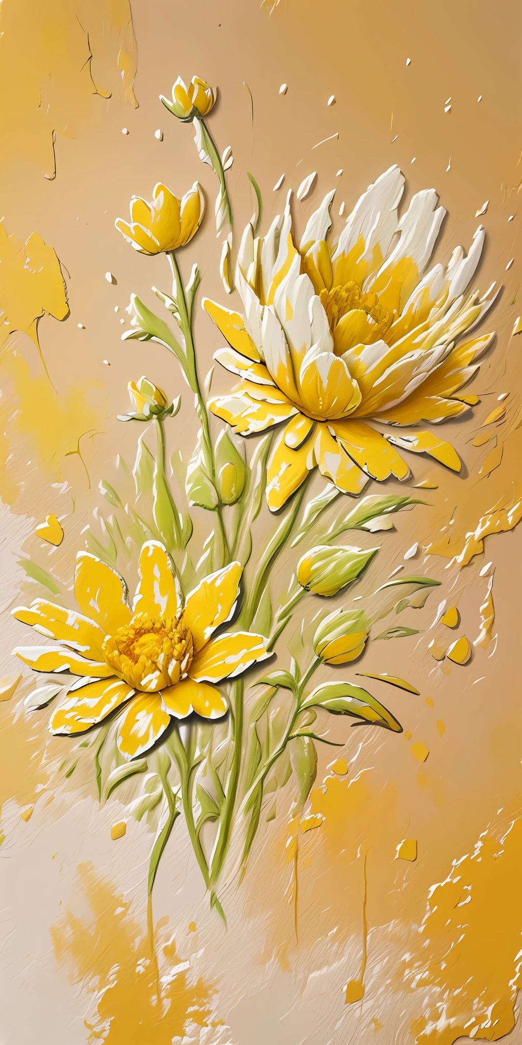 Yellow flowers are painted on a white surface,The center is yellow, oil paint impasto relief, detailed impasto, oil paint impasto relief, detailed impasto brushwork, thick impasto paint, impasto painting, Shade of yellow, Impasto paint, gold flaked flowers, layered impasto, thick impasto