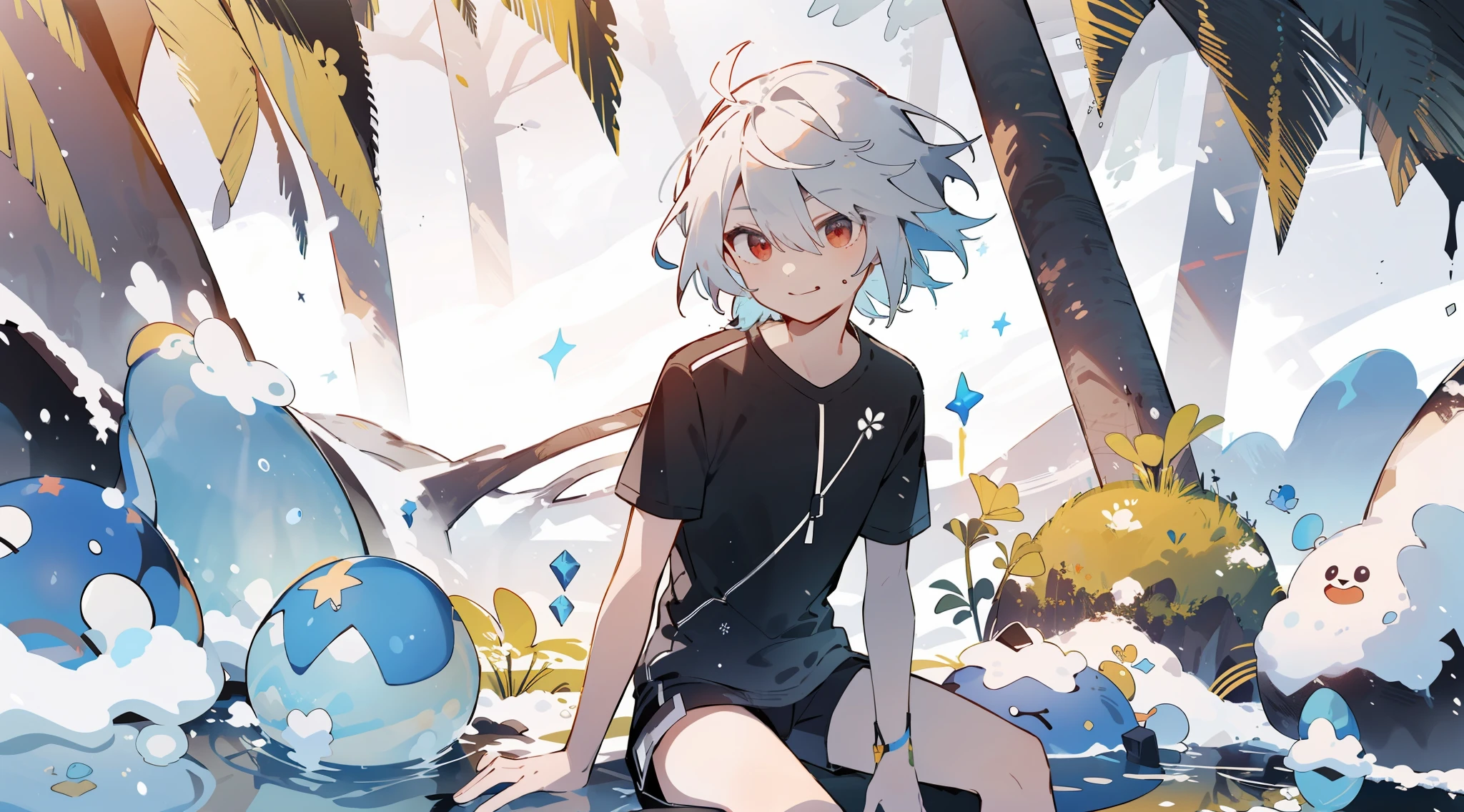 (high high quality, Breathtaking),(Expressive eyes, Perfect face), 1boy, Solo, short, Young boy, White hair, Red eyes, A slight smil,  Black shirt, wear short shorts,  Blue sky, Sunlight, up-close，absurds，High res，ultra Detailed，official arts，统一 8k 壁纸，ultra Detailed，Beauty and aesthetics，master masterpiece，best best quality，（zentangle，Ice and snow，Tangles，Entanglement），（s fractal art：1.3），PhotoRealistic，（master masterpiece，topquality，best best quality，official arts，Beauty and aesthetics：1.2），Very Detail，s fractal art，variegated，most details，zentangle，（Abstract Background：1.5）（1boy：1.3），Kamimei，（Glowing blue eyes），Enigmatic，(MAGIC)，((Sit on a tree))，Ice and snow