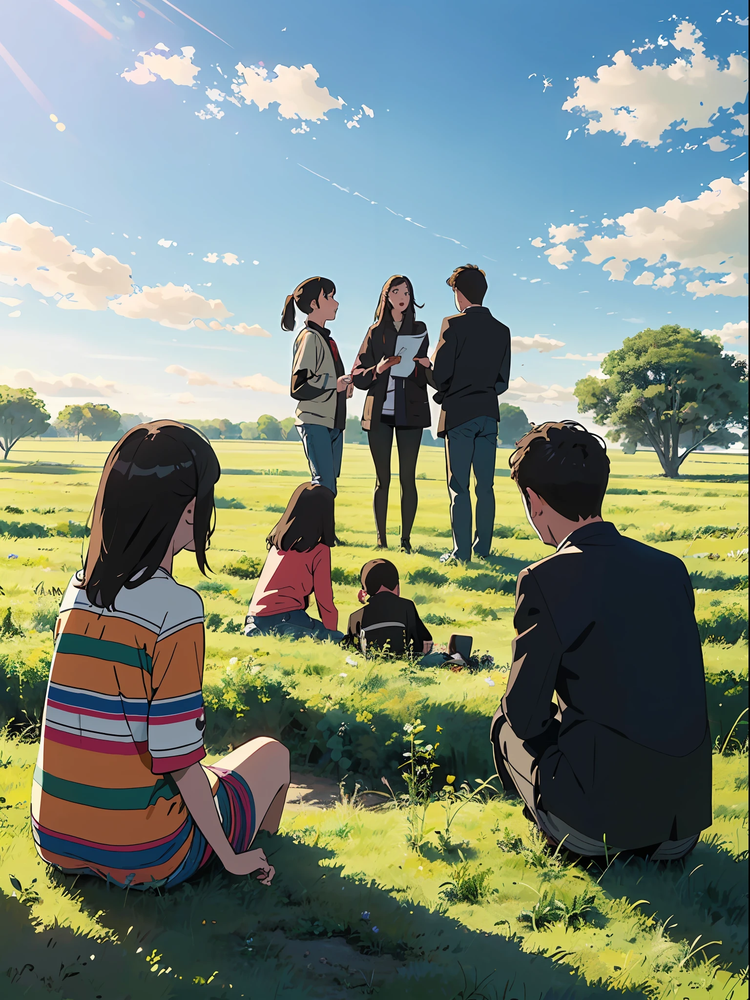 Three young boys and three young girls sat and sang together on the prairie,Minimalist flat style illustration poster --auto