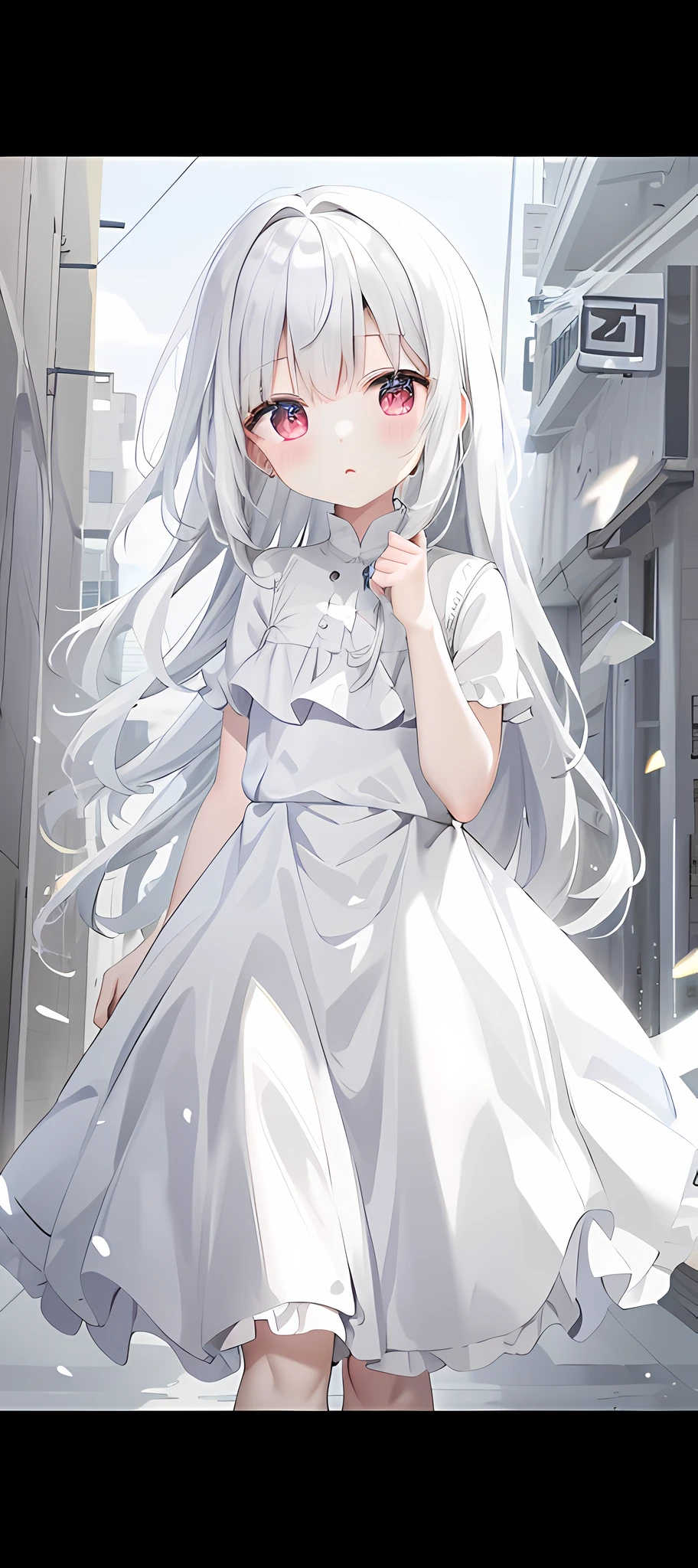 Anime Girl in white dress walking on city streets, **** in dress, White dress!! of silver hair, white-haired god, small curvaceous ****, cute anime waifu in a nice dress, Girl with white hair, Flowing white hair, anime visual of a cute girl, White Cat Girl, white hair floating in air, pale young ghost girl, white haired Cangcang